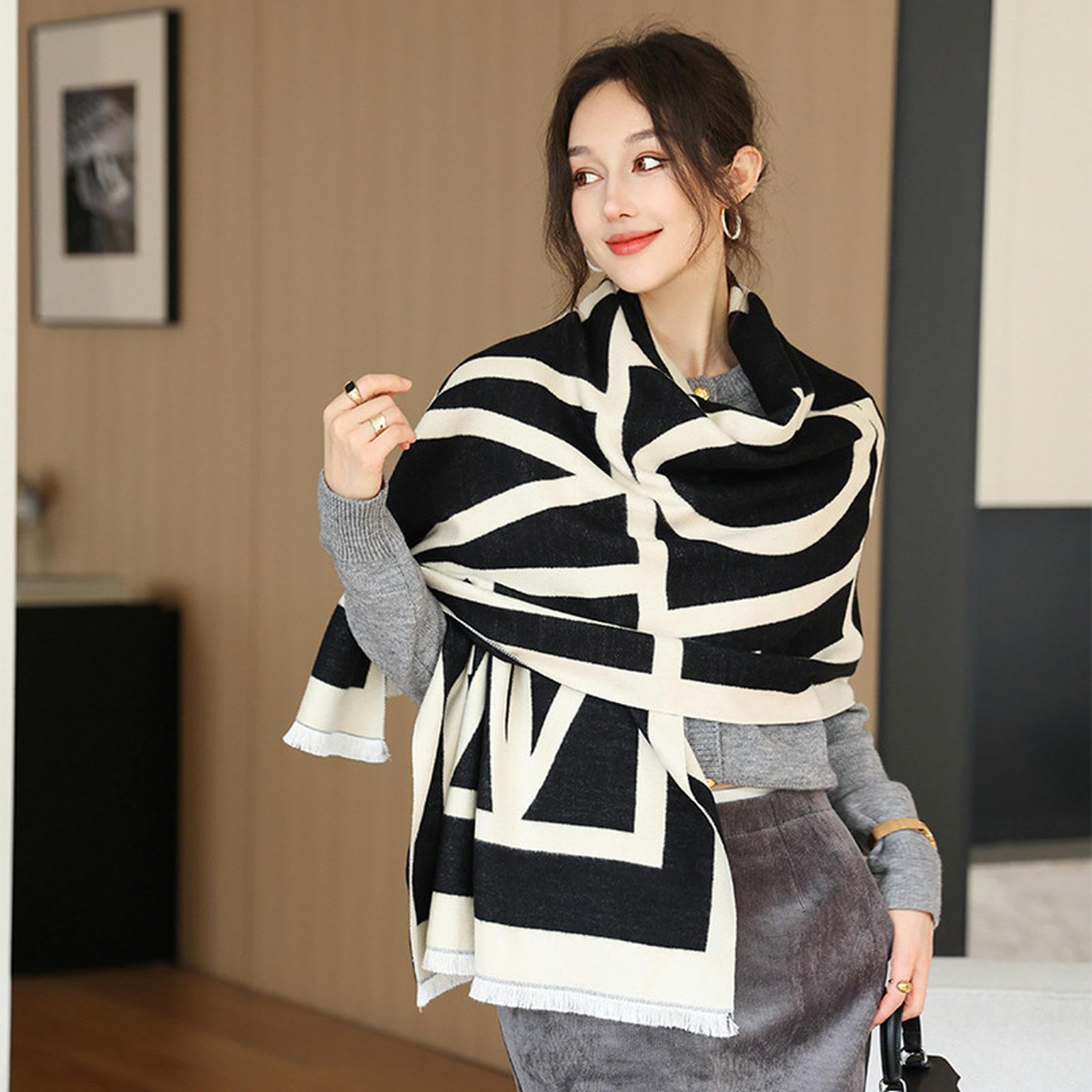 Sciarpa Donna Sciarpa da Donna Elegante per Inverno, Morbida E Calda, Sciarpa in Cashmere per Donne, Capispalla, Regalo Femminile 63 * 190 Cm-Nero