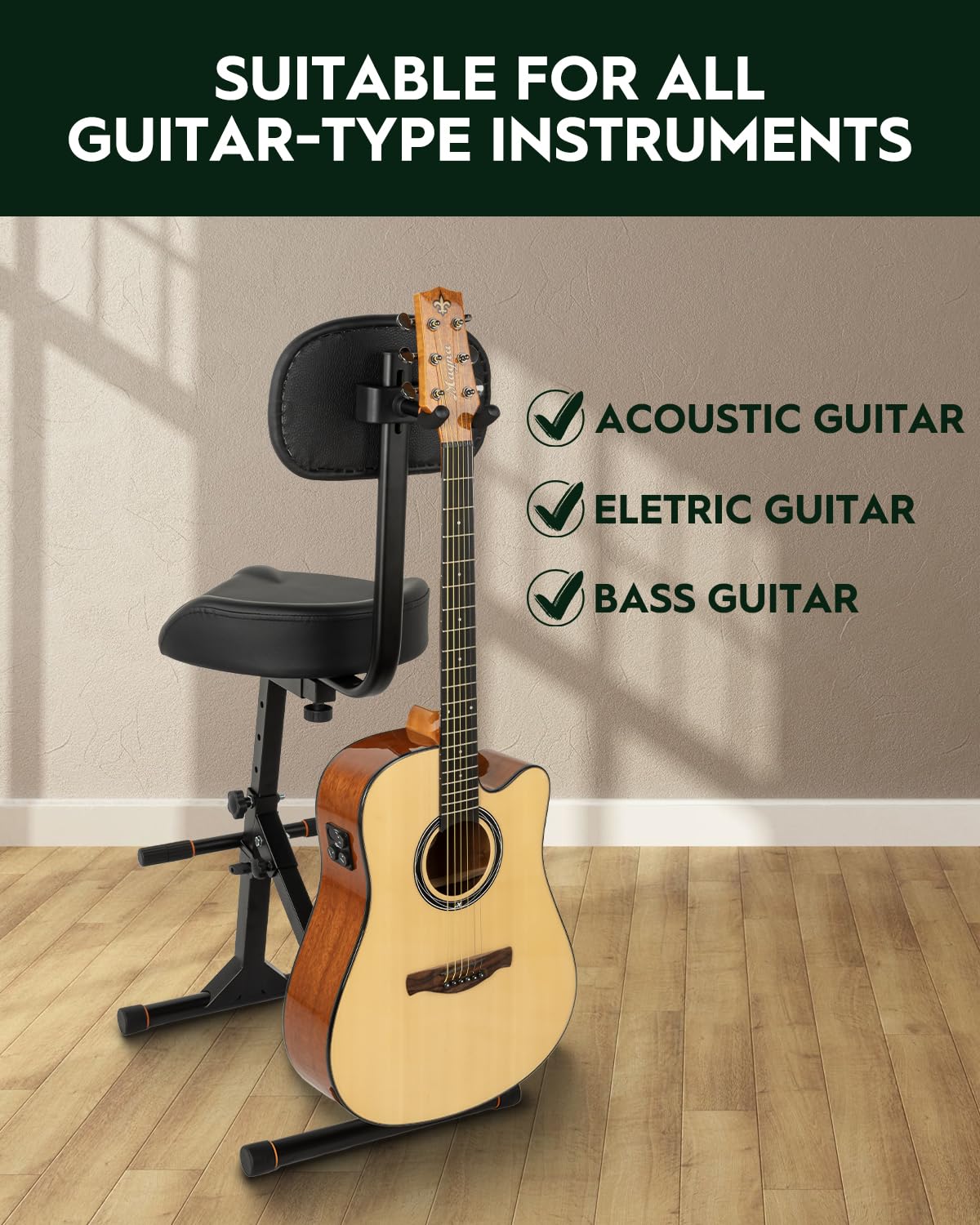 STRICH Sgabello per chitarra con schienale, sgabello regolabile, seduta regolabile in altezza con gancio per bassi acustici, sgabello per tamburo per adulti, batteristi e chitarristi SGT-40