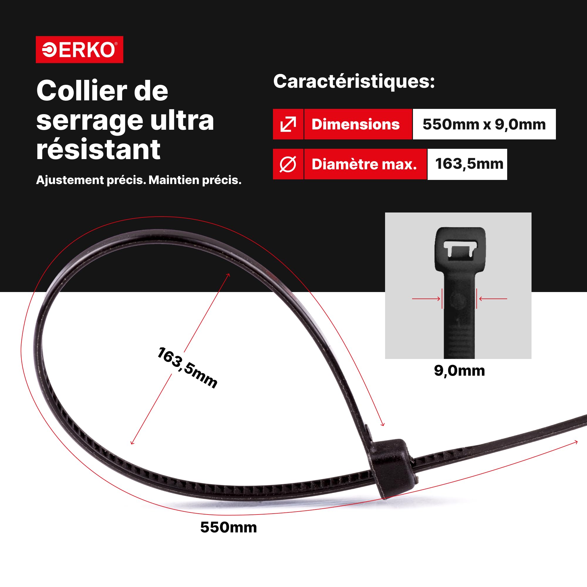 ERKO Collier de Serrage 550x9,0mm, 25 pcs, Blanc