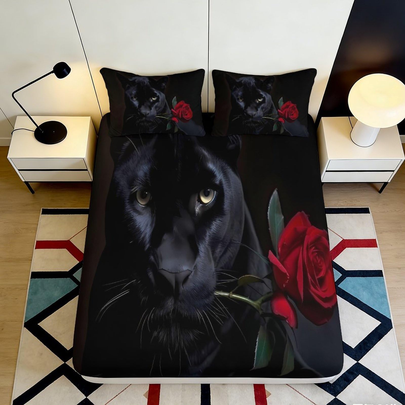 3D Printed Panther Rose Fitted Sheet Microfiber Bedroom Bedding Panther Mattress Fitted Cover Deep Pocket Non-Slip Full Wrap Washable 140x200x25cm