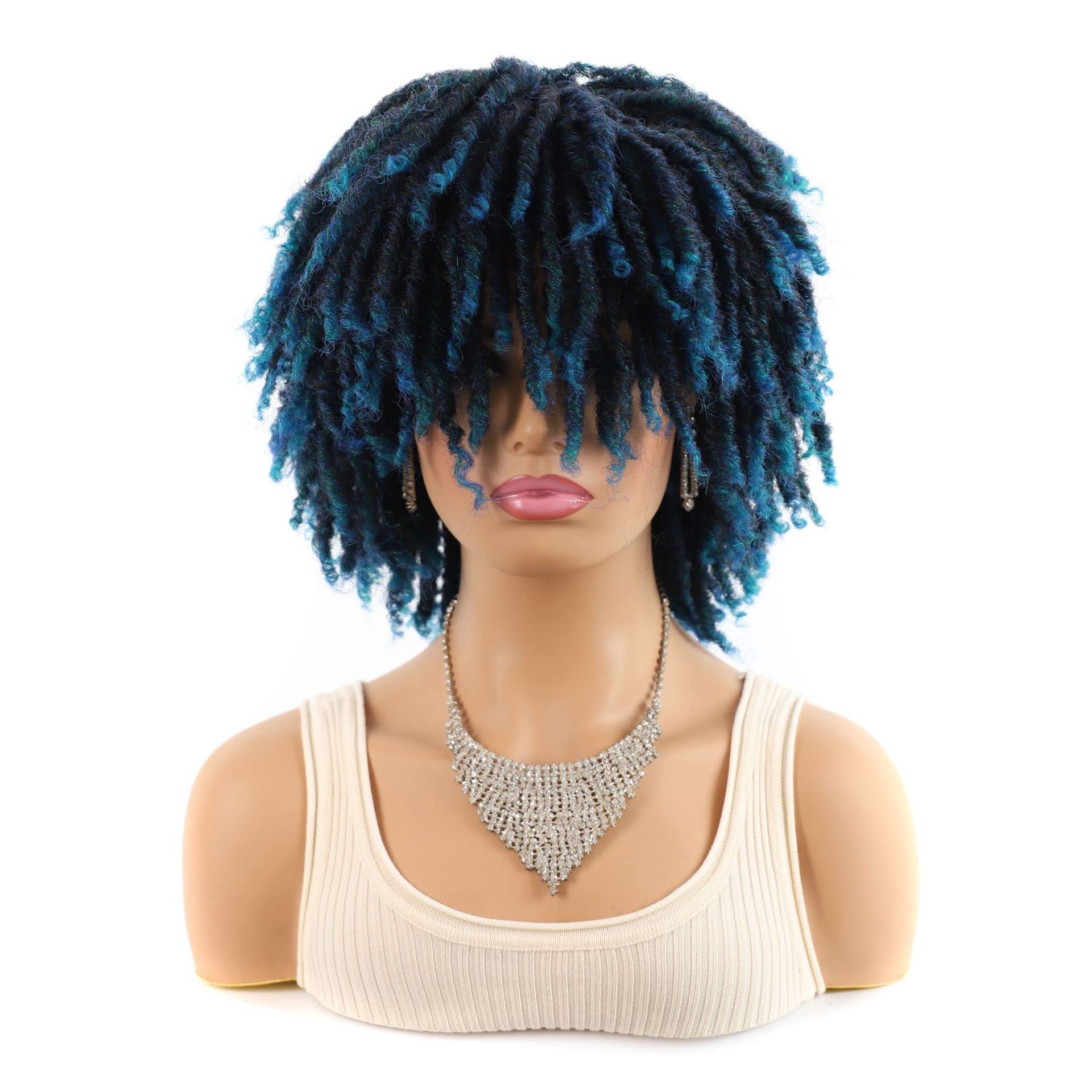 Sharebeauty 6" Short Dreadlock Twist Wig for Black Women Synthetic Curly Full Wig for Dark Skin, Blue
