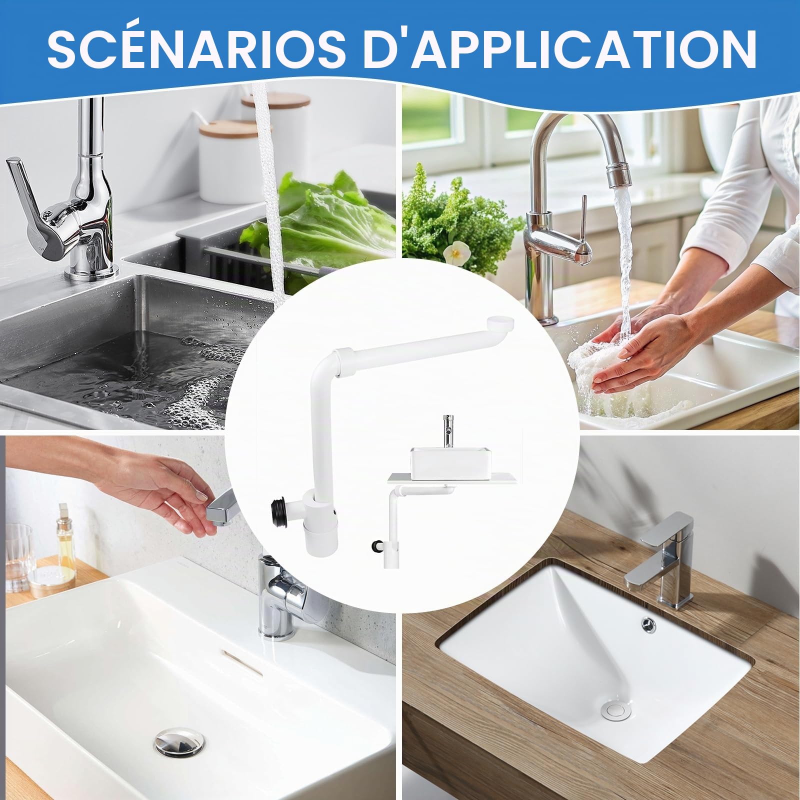 Siphon lavabo extra plat 32 mm, siphon gain de place orientable 360° avec clapet anti-odeur, kit bonde et tuyau d'évacuation pour salle de bains, muezzin réglable