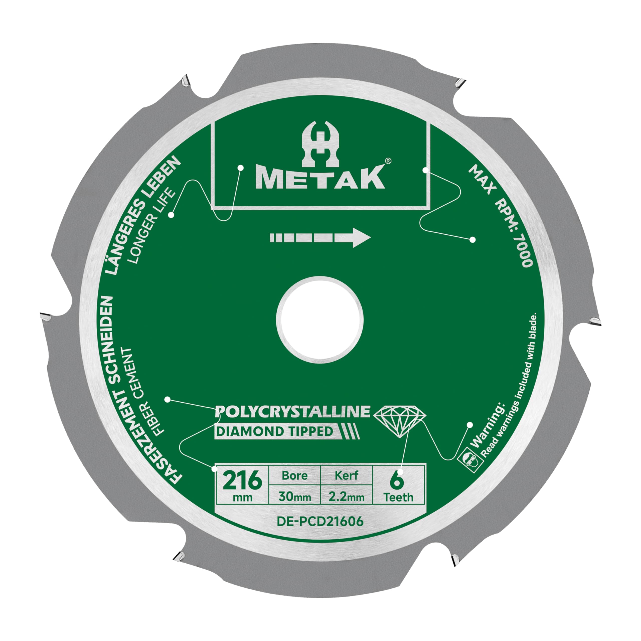 METAK Expert Fiber Cement Saw Blade 216 × 30 mm with 6 Polycrystalline Diamond Teeth (PCD) – Saw Blade for Fiber Cement Boards, Eternit, Aquapanel, HardieBacker – Includes Adapters