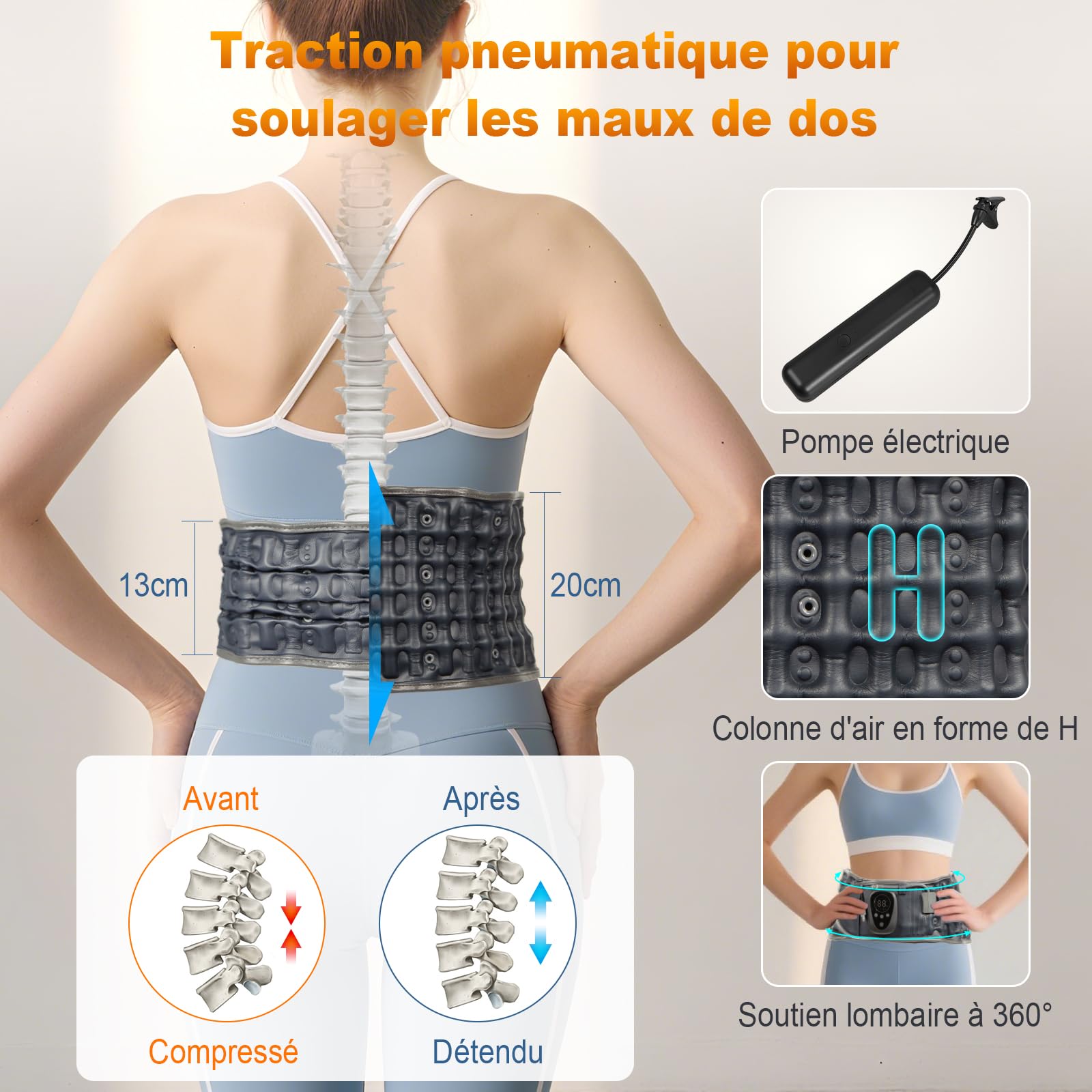 HONGJING Ceinture de décompression dorsale avec chauffage et massage pour un soulagement instantané des douleurs dorsales - Ceinture de soutien dorsal gonflable, taille unique pour les tailles 29-49