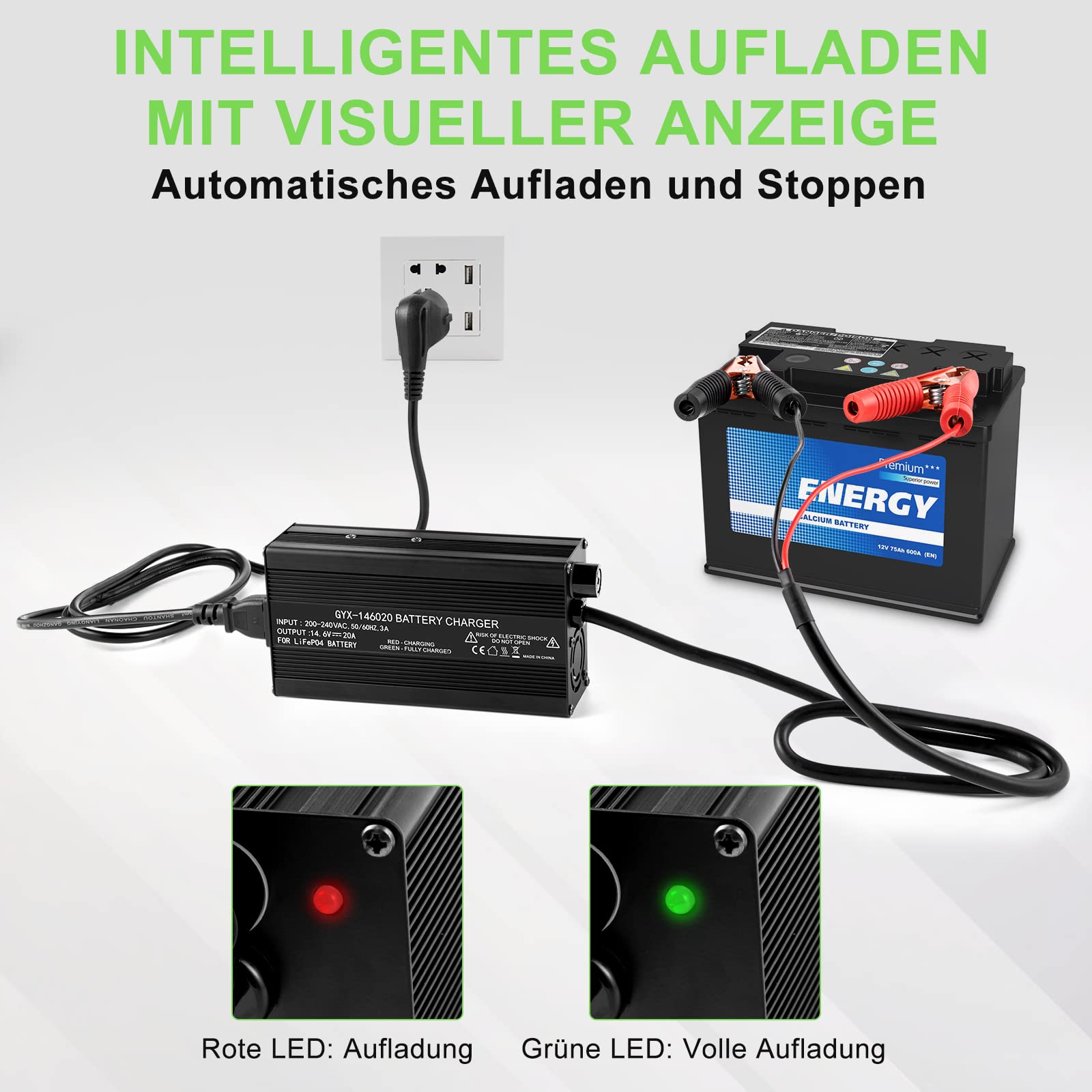 LiFePO4 Batterie Ladegerät 14.6V 20A - Für 12V 100Ah Akku, Krokodilklemmen Schnittstelle, Intelligentes Sechsfach Geschütztes Lithium Ladegerät