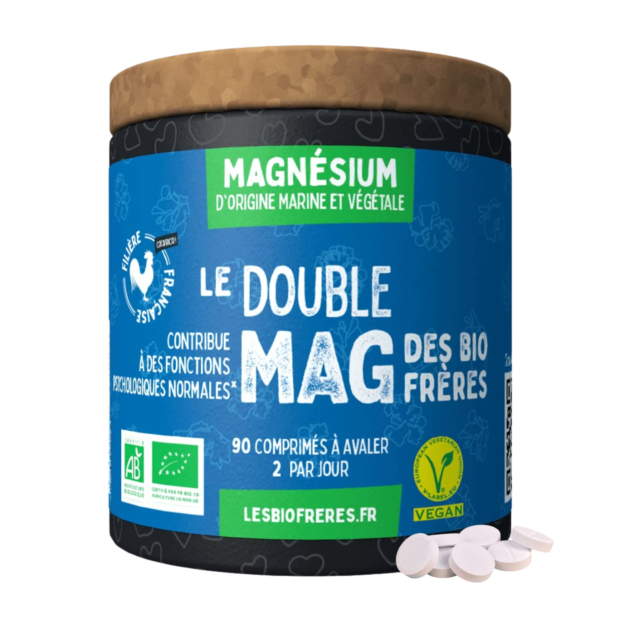 Les Bio Frères - Magnesium Bio Vegan 200 mg - Réduction de la Fatigue et Soutien du Système Nerveux - Assimilation Optimale - Stress et Sommeil - 90 Comprimés - Fabriqué en France