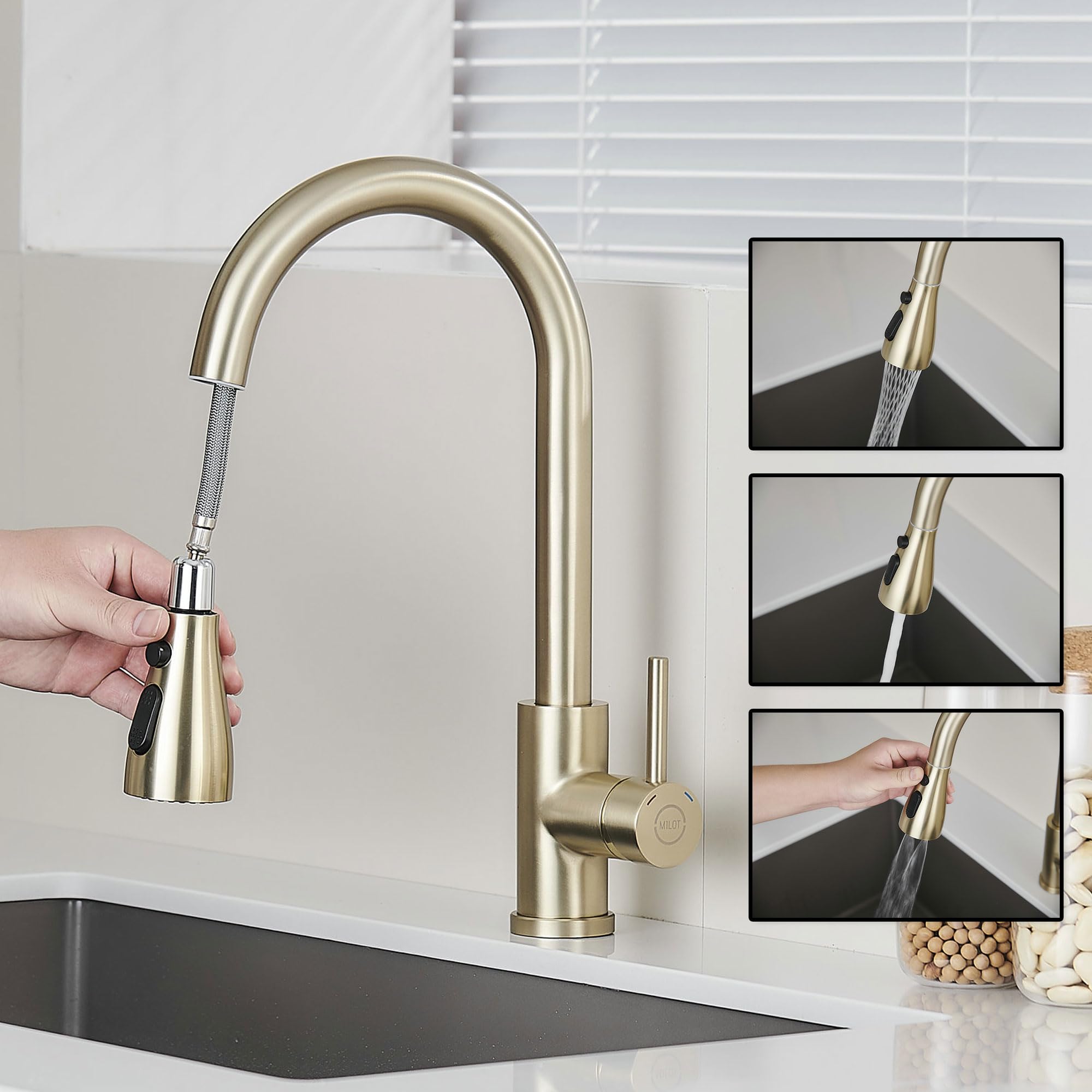 MILOT Kitchen Tap, 4 Spray Modes with Pause Mode, 360° Swivel Spout Kitchen Sink Taps, Kitchen Mixer Taps 1 Hole (Brushed Gold)