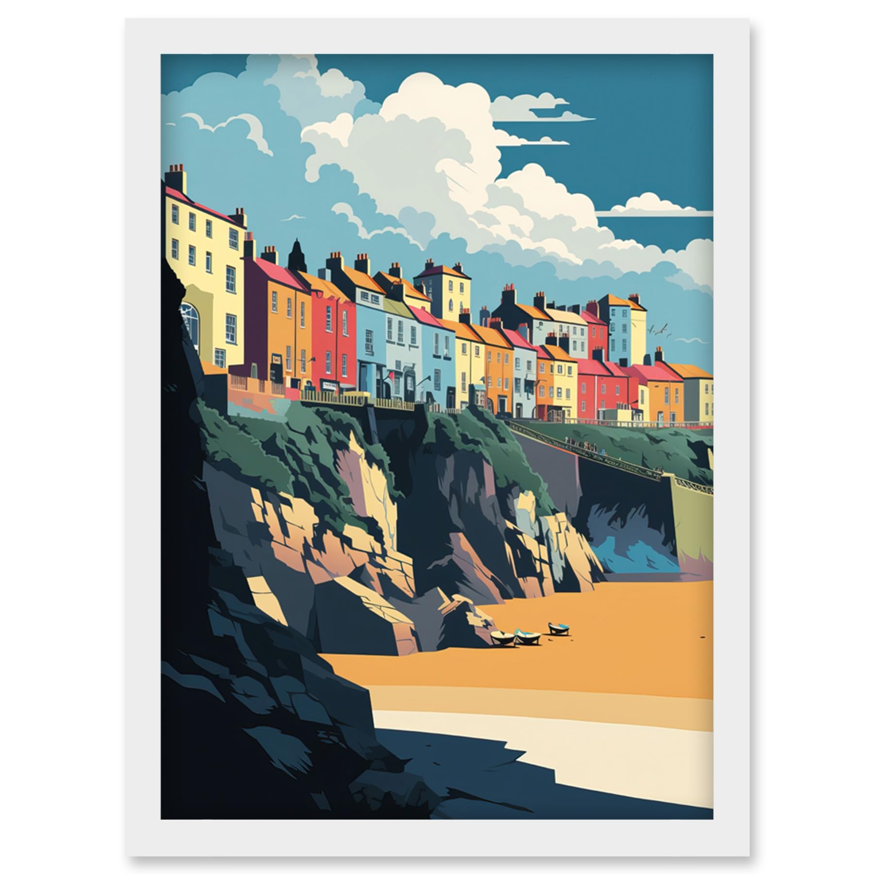 Artery8 Tenby Harbour Beach Coastal Town Illustration Artwork Framed Wall Art Print A4