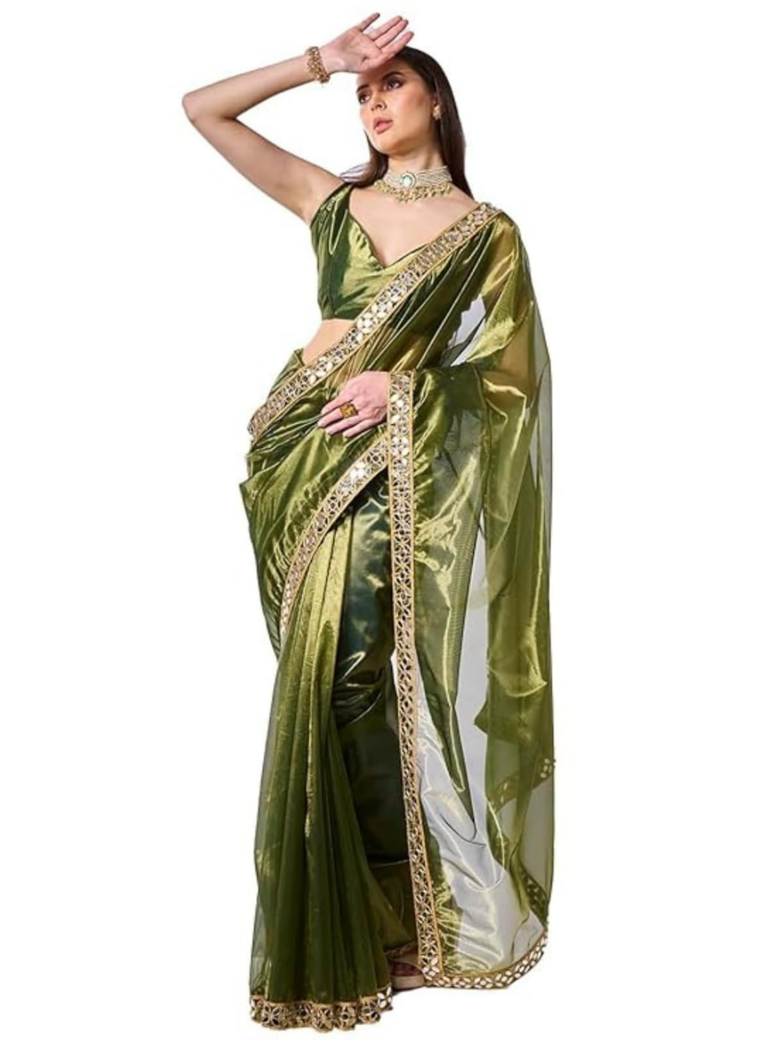 ORHANSWomen's Organza Lightweight Lace Work Saree With Art Silk Sequence Work Golden Unstitched Blouse Piece (Green)
