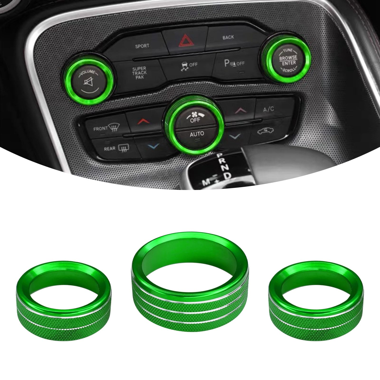 3PCS Air Conditioner Button for Challenger Durango 2015-2022, Car Interior Decorated Colored Climate Control AC Switch Audio CD Aluminum Trim Alloy Knob Cover Ring(Green)