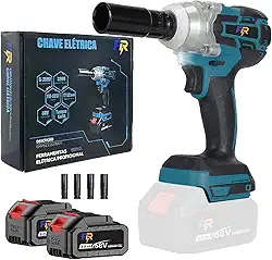 Chave de Impacto Elétrica 68V com 2 Baterias, Sem Fio, Torque 800 N.M., Motor Brushless, Entrada 1/2' e 1/4' para Autos e Construção