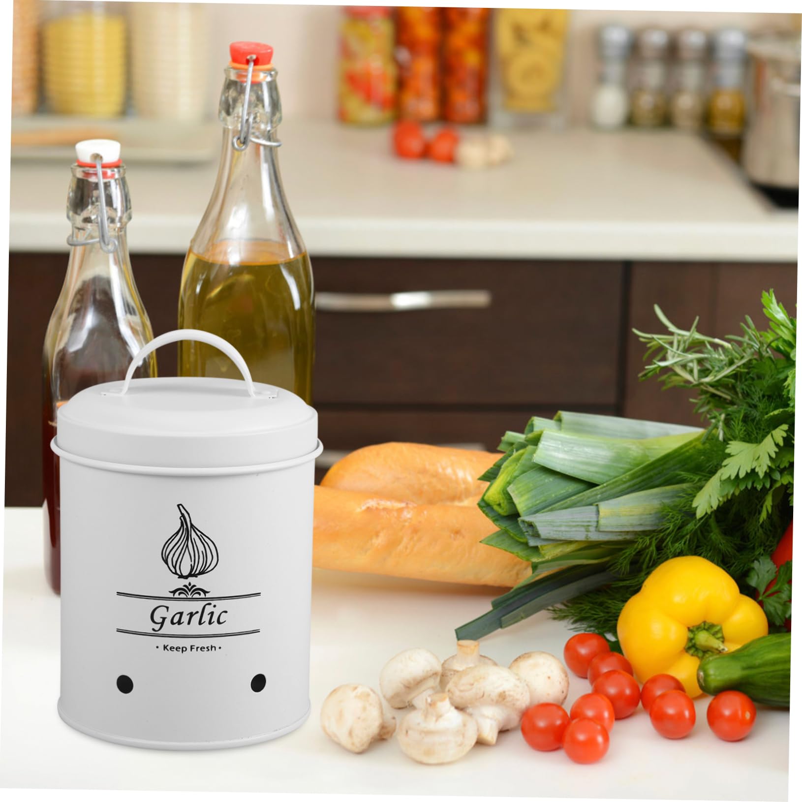 OUNONA Kitchen Garlic Organizers Carbon Steel Garlic Bucket Storage Box for Vegetables Potato Onion Container Home Decor