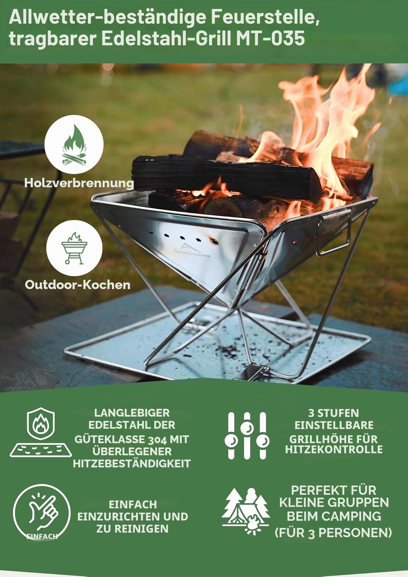 CAMPINGMOON 3-in-1 tragbarer Holzgrill und Feuerstelle aus Edelstahl, 35,6 x 39 cm, mit Tragetasche MT-035