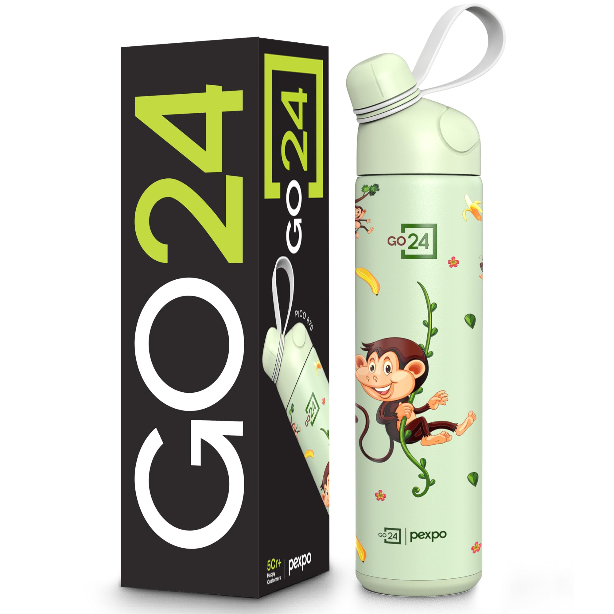 Stainless Steel Bottle for Kids Girls Pico Green - Monkey | 470ml Triple Wall, Leakproof lid, BPA Free, ideal for gym, hiking, travel, Hot & Cold, food-grade stainless steel.-image-7