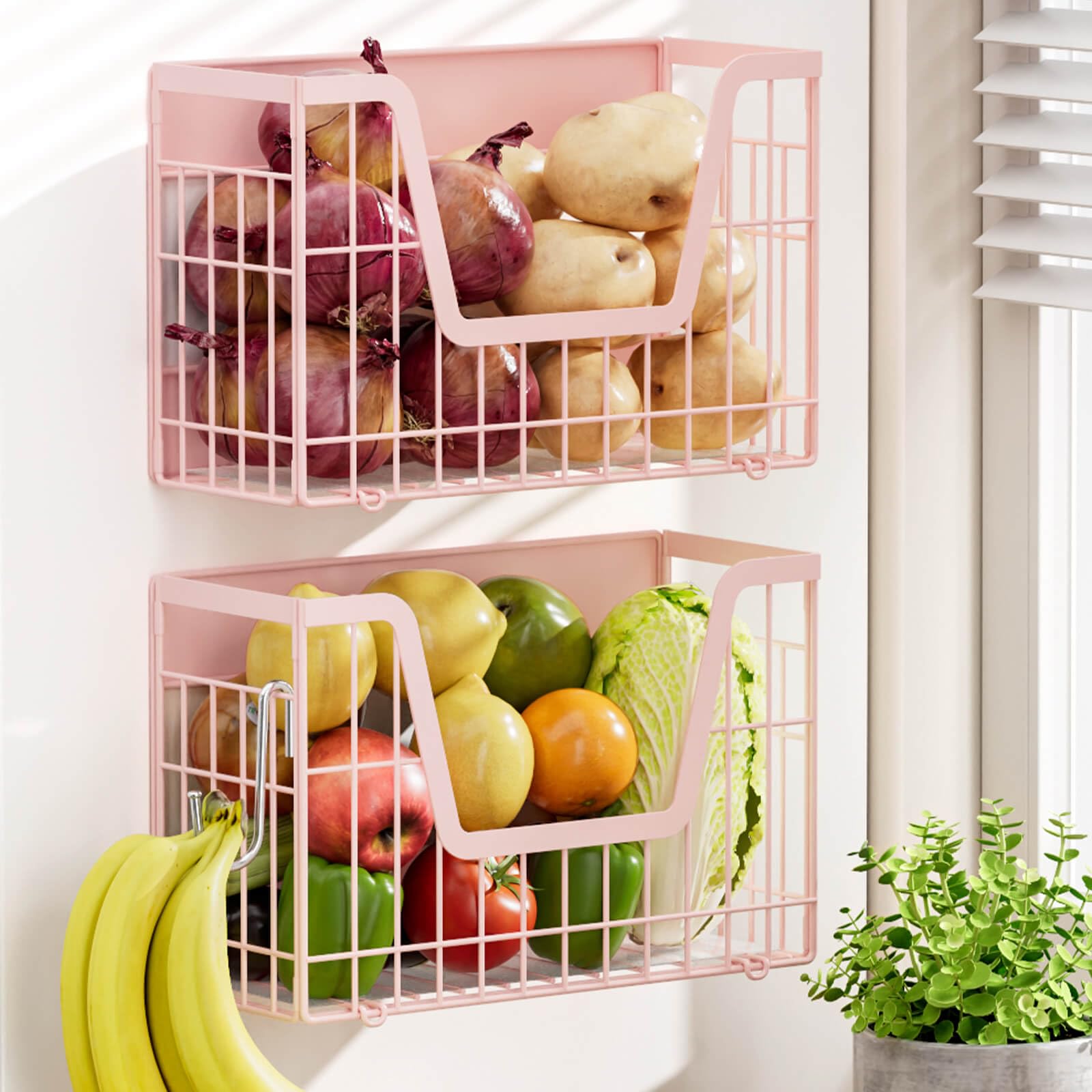 2 Pack Magnetic Shelves for Fridge, Pink Magnet Wire Fruit Baskets