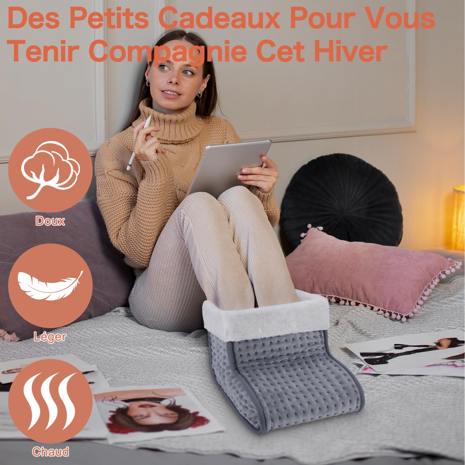 DEWEL Chauffe-pieds électrique 90 W 10 Niveaux de Température 30-60 ℃ Minuterie 45/90/120 min Doublure Amovible et Lavable Jusqu'à la Taille 44