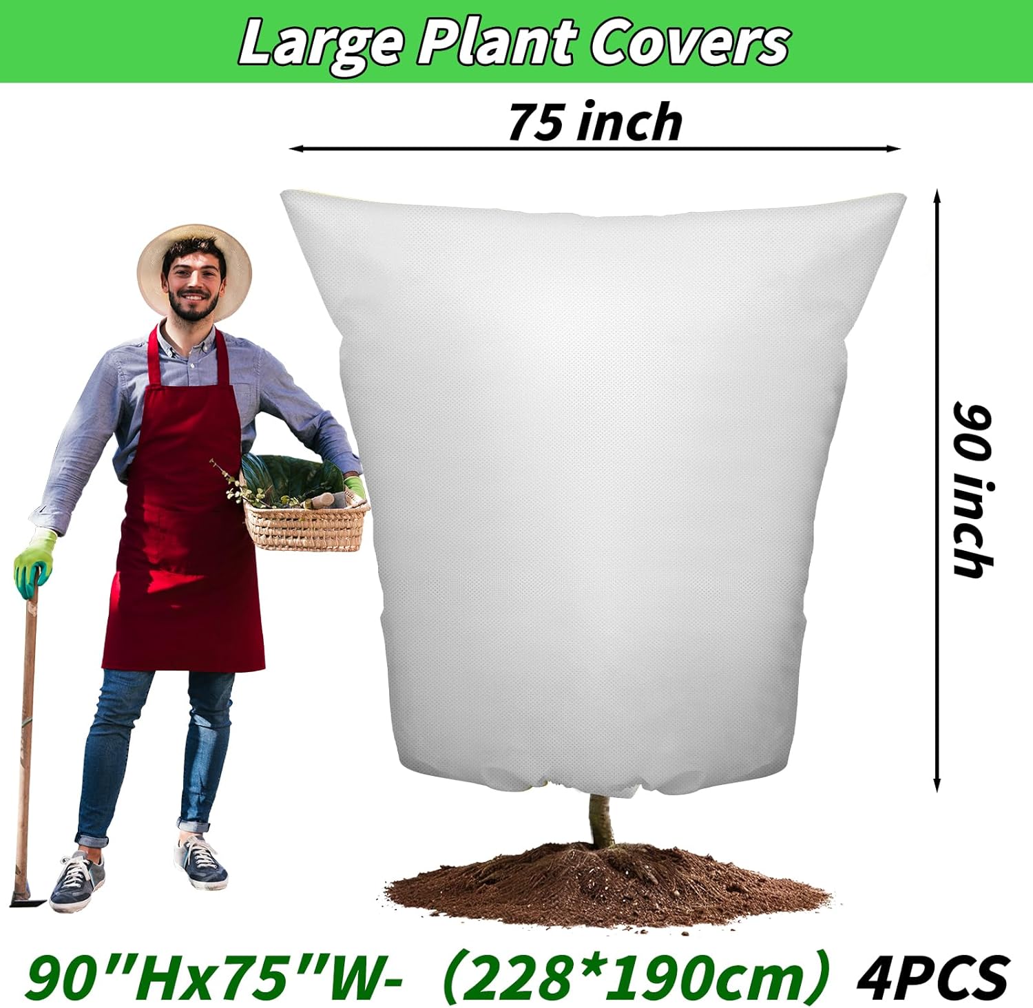 4PCS Large Plant Covers Freeze Protection 2.2oz Reusable Winter Frost Cloth Plant Protection Jacket Cover Bags Frost Blankets, for Shrub Trees Outdoor Plants Fruit Tree Potted, 75"W x 90"H White 90Hx75W-4Pack