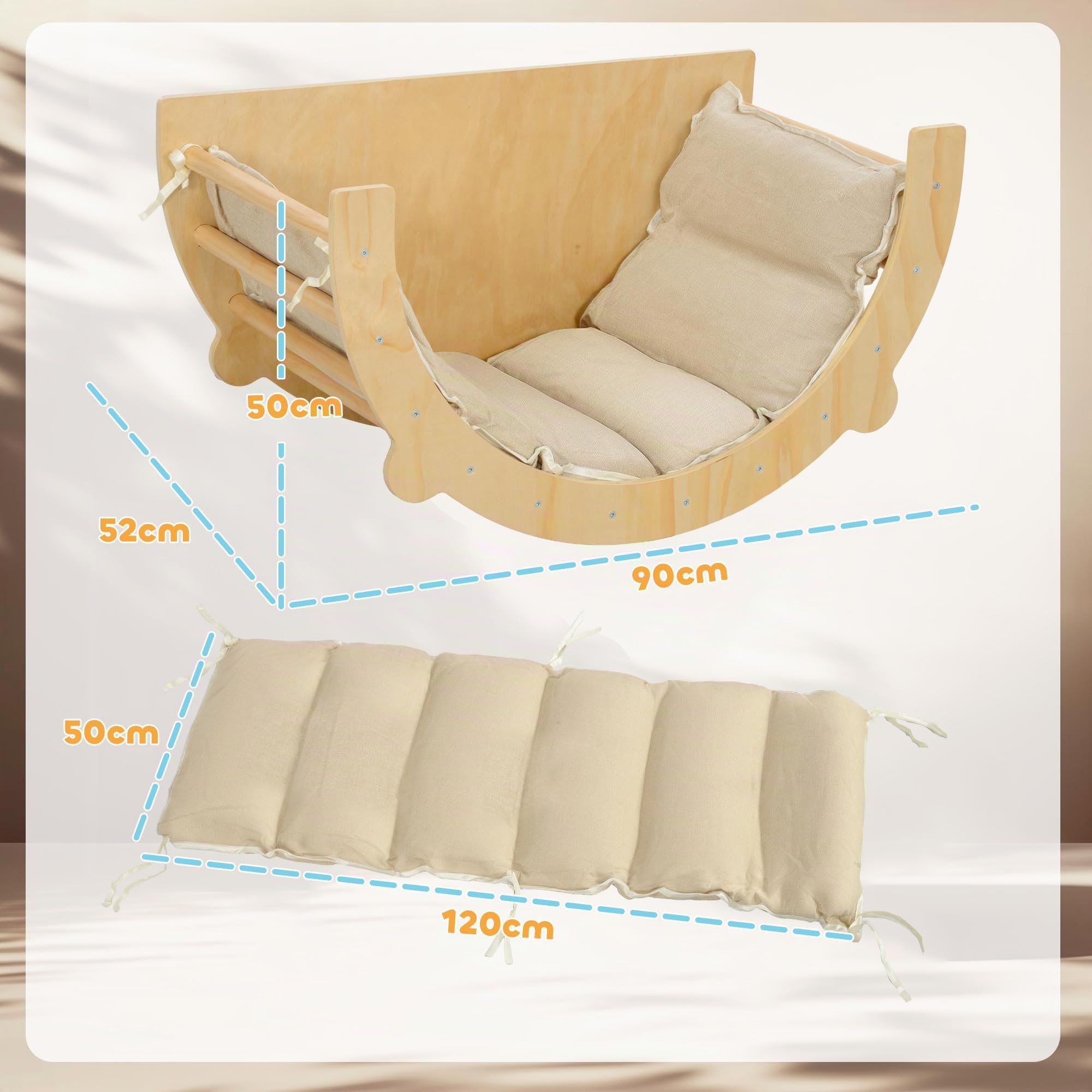 AIYAPLAY Arco Montessoriano 3 in 1 per Bambini, Struttura da Arrampicata, Tavolino e Dondolo con Cuscino, Età 18-48 Mesi, Legno Naturale