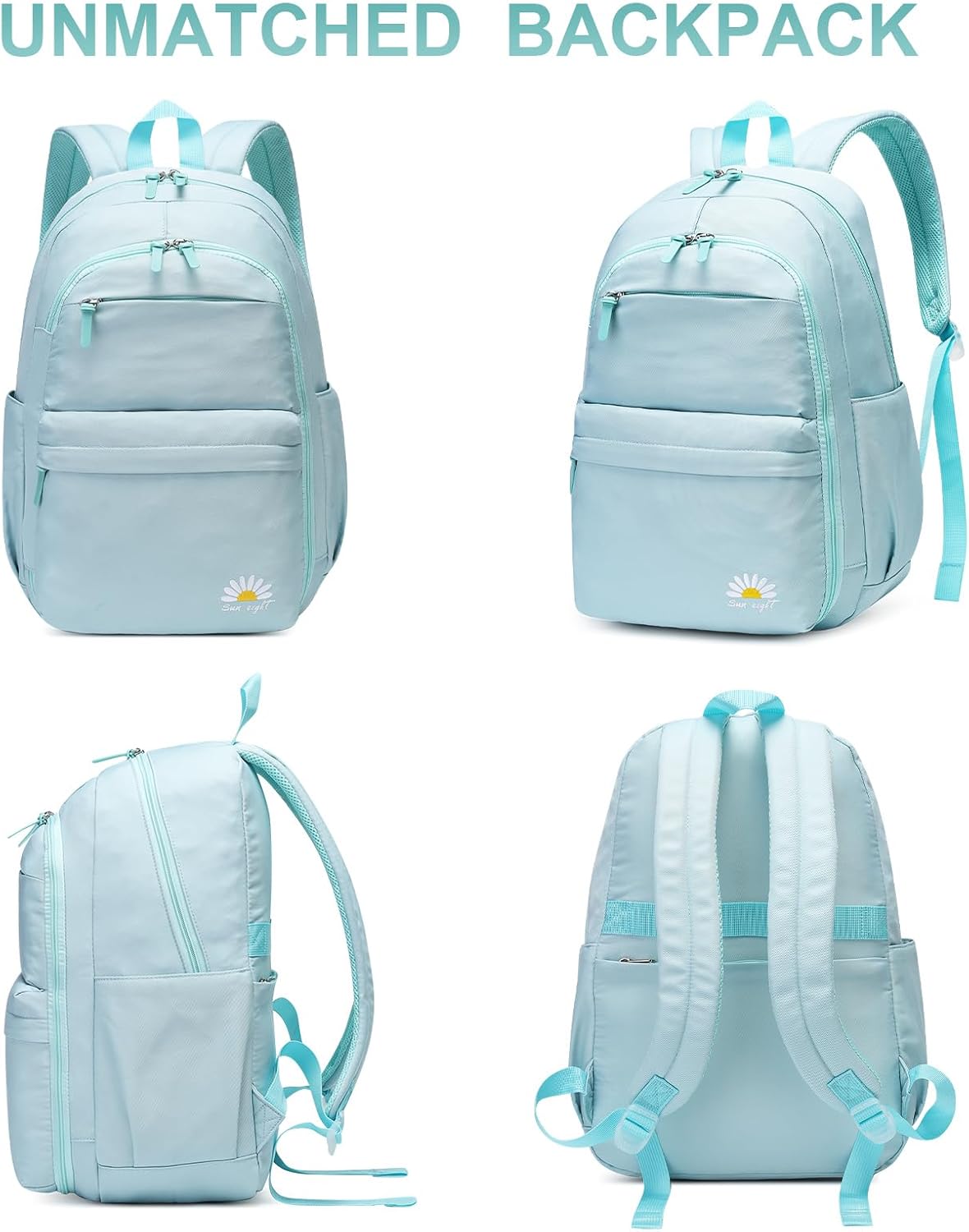 Caran·Y 38L Waterproof Kids Backpack with 15.6-Inch Laptop Compartment-Lightweight Large Capacity School Backpack for Boys & Girls Ages 6-18,Travel with Side Water Bottle Pockets(Mint Green) - Image 8