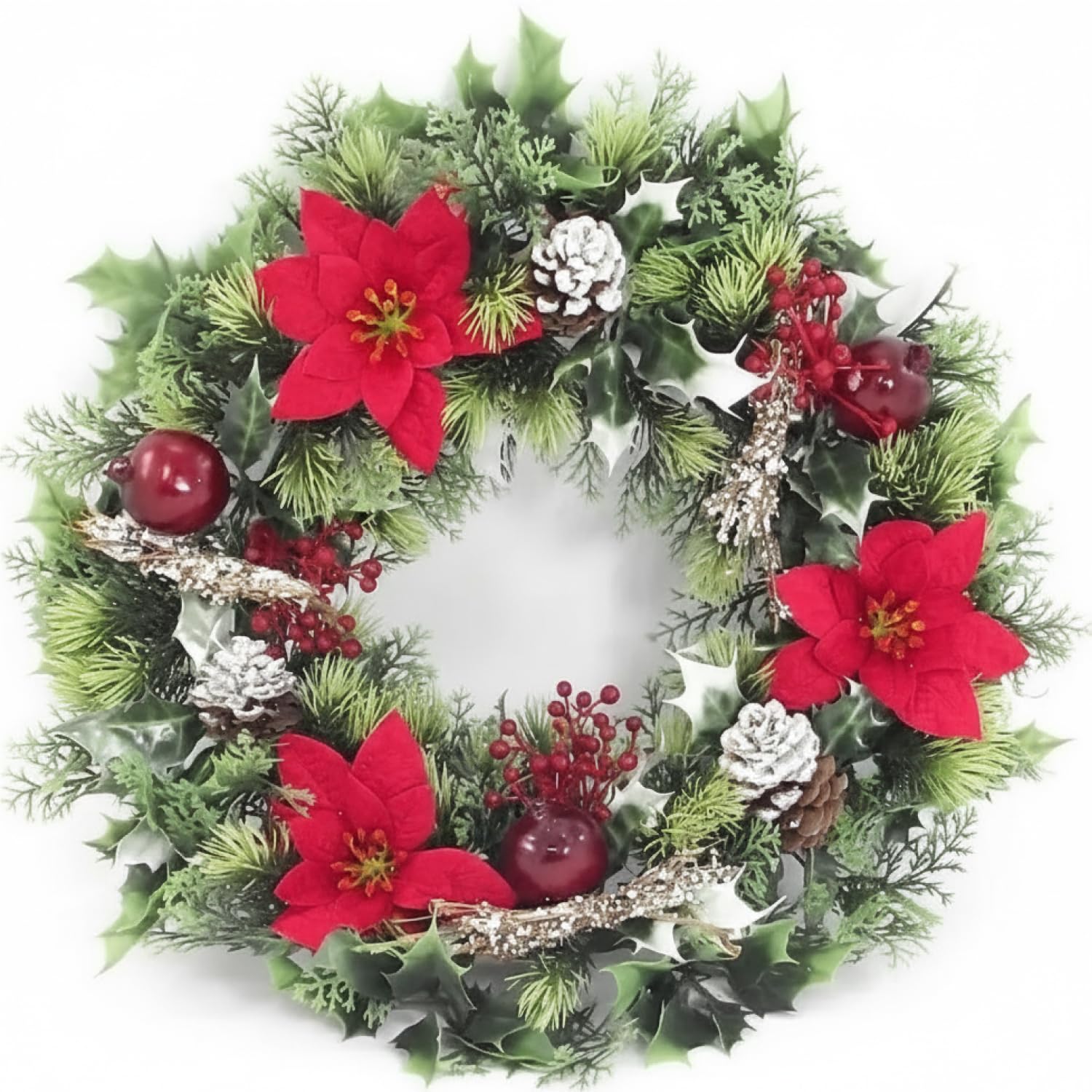 A1-Homes Red Velvet Poinsettias &Snow Artificial Plastic Holly Christmas Wreath/Candle Ring With Snow For Indoors And Outdoors (, 45 Cm)