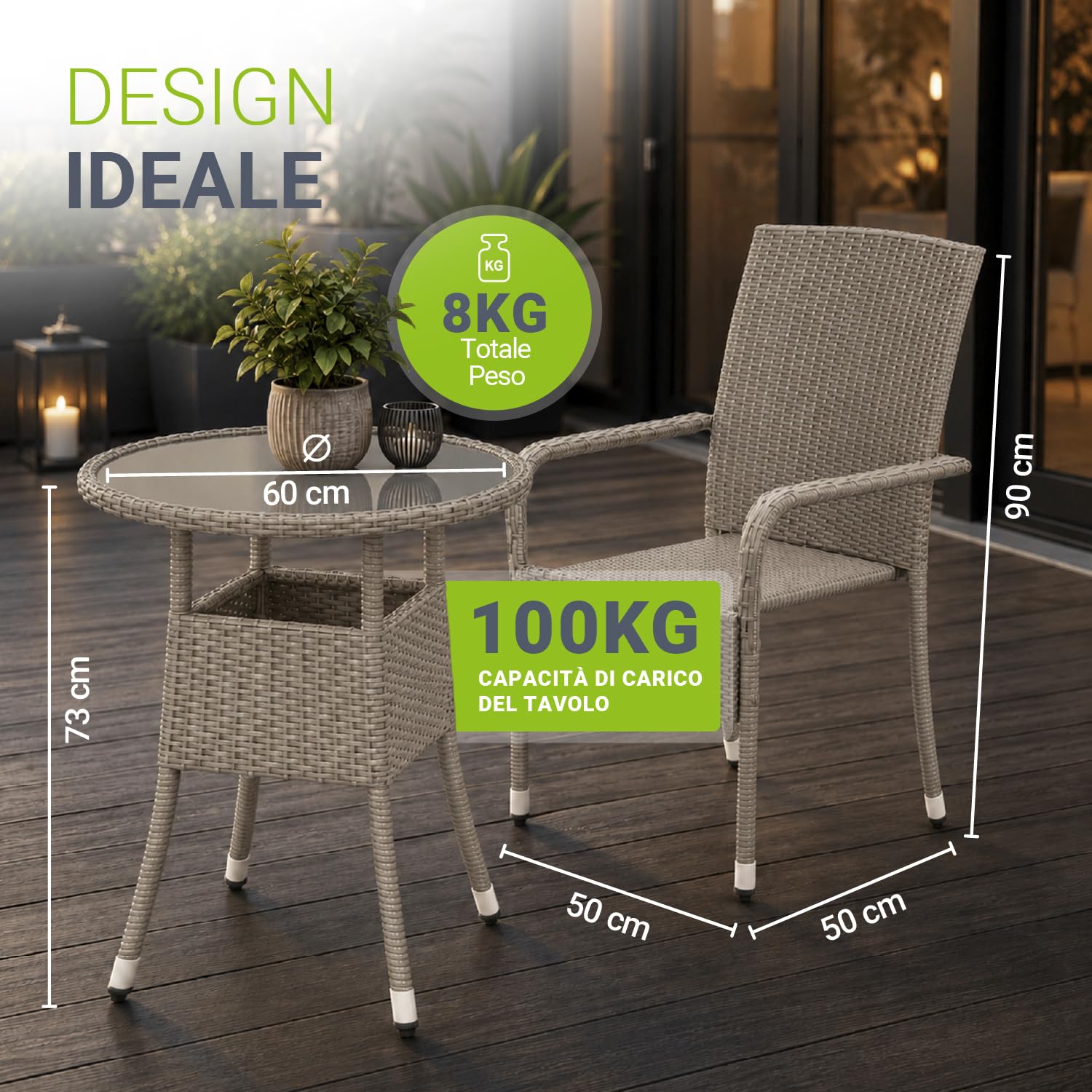 Juskys tavolino da giardino Yoro - Piccolo, rotondo, compatto, resistente alle intemperie - Piano in vetro e polyrattan - Ø 60 cm - Grigio