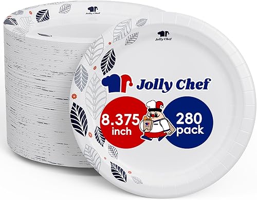 JOLLY CHEF 280 platos de papel de 8 pulgadas, a prueba de remojo, a prueba de cortes, platos de papel desechables impresos de hojas resistentes para
