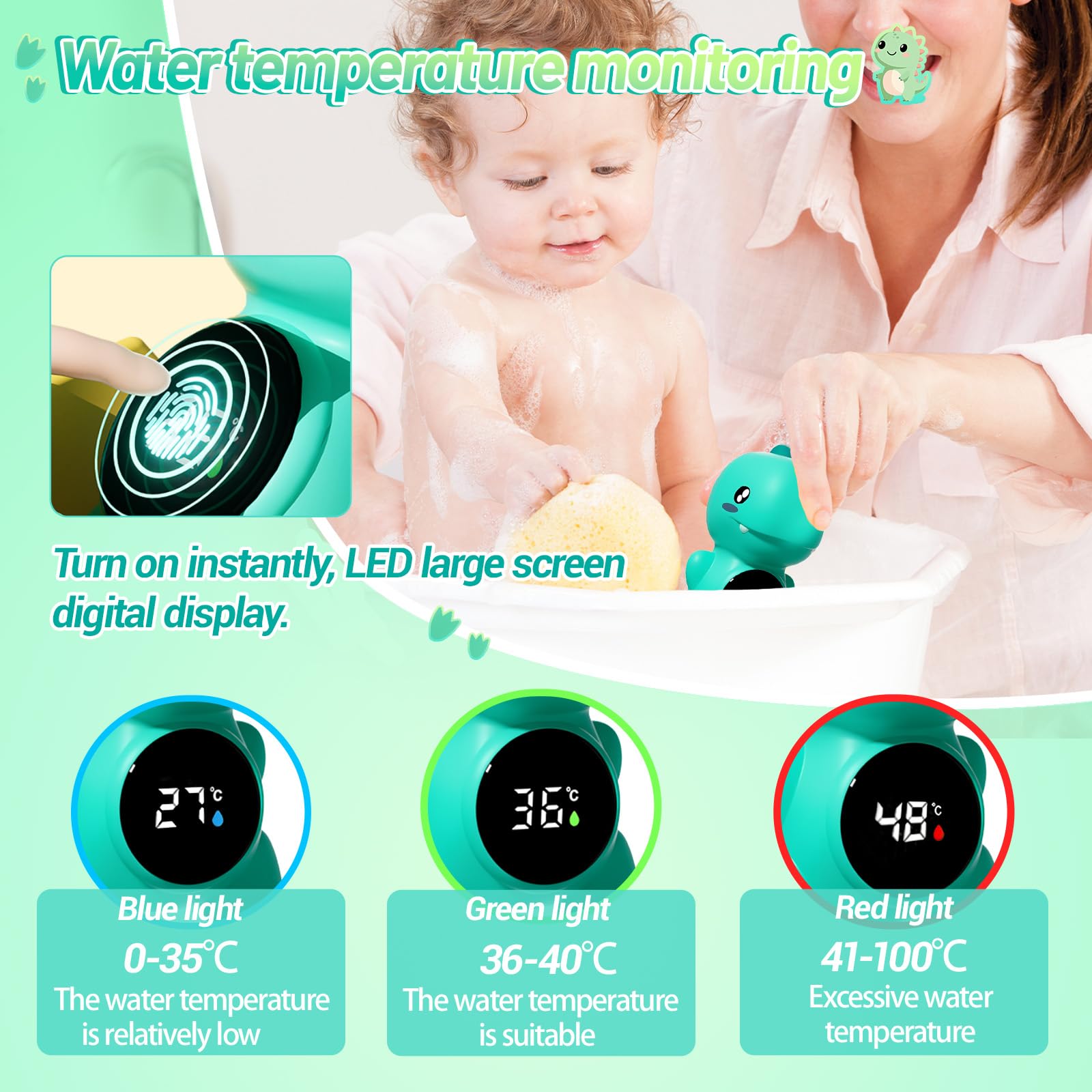 Termómetro de Baño para Bebé con Forma de Dinosaurio,Sin BPA,Termómetro Digital LED para Bañera de Bebé,Sensor de Temperatura de Baño para Niños,Pantalla Precisa,Flotante
