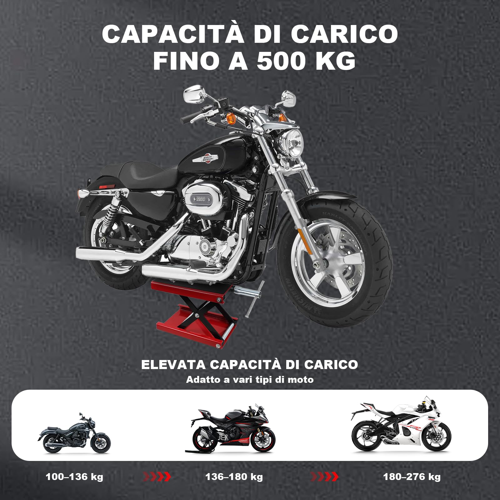 Ponte sollevatore per moto 500 kg ampio ponte 8,5-34 cm