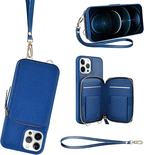 ZVE Funda tipo cartera para iPhone 12 y 12 Pro, con bloqueo RFID y correa para la muñeca para mujer, funda de piel con bloqueo RFID para iPhone 12