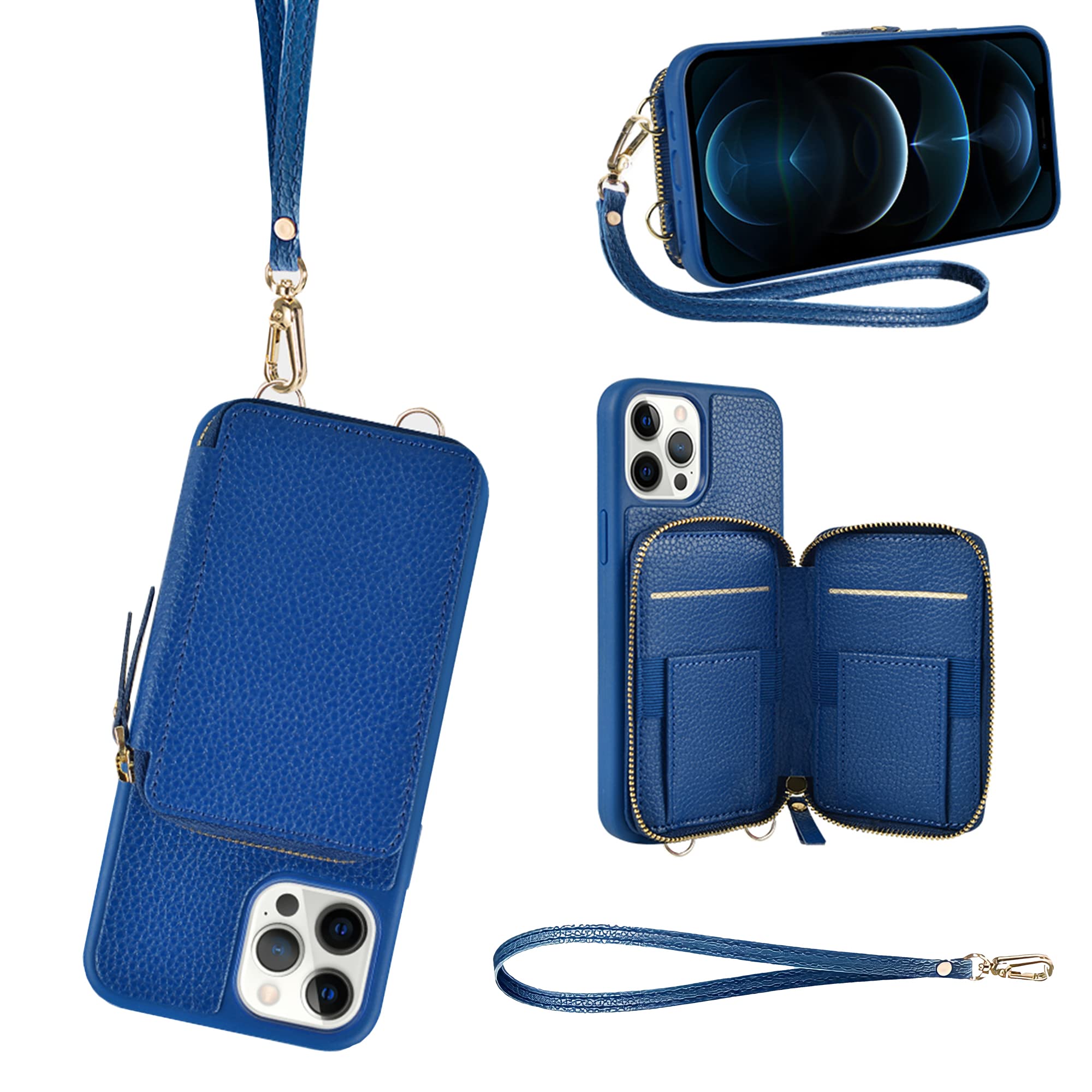 Photo 1 of ZVE Wallet Case for iPhone 12 and 12 Pro, RFID Blocking Card Holder Phone Case with Wrist Strap for Women, RFID Blocking Leather Handbag Case Cover for iPhone 12 Pro/12 6.1"- Navy Blue Navy Blue iPhone 12 and 12 Pro, 6.1"