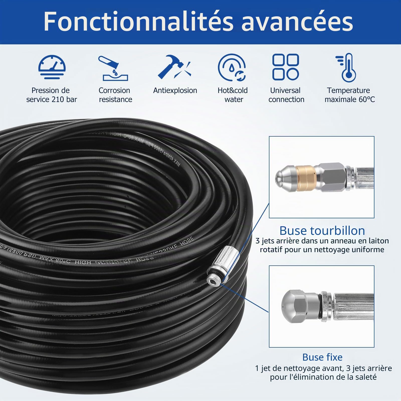30m Tuyau Déboucheur Canalisation, Furet Deboucheur Canalisation 400 Bar/5800 PSI avec 3 Adaptateurs, 2 Buses et 1 Ruban Téflon, Compatible Kärcher K2-K7, Lavor, Bosch, Parkside pour Usage Domestique