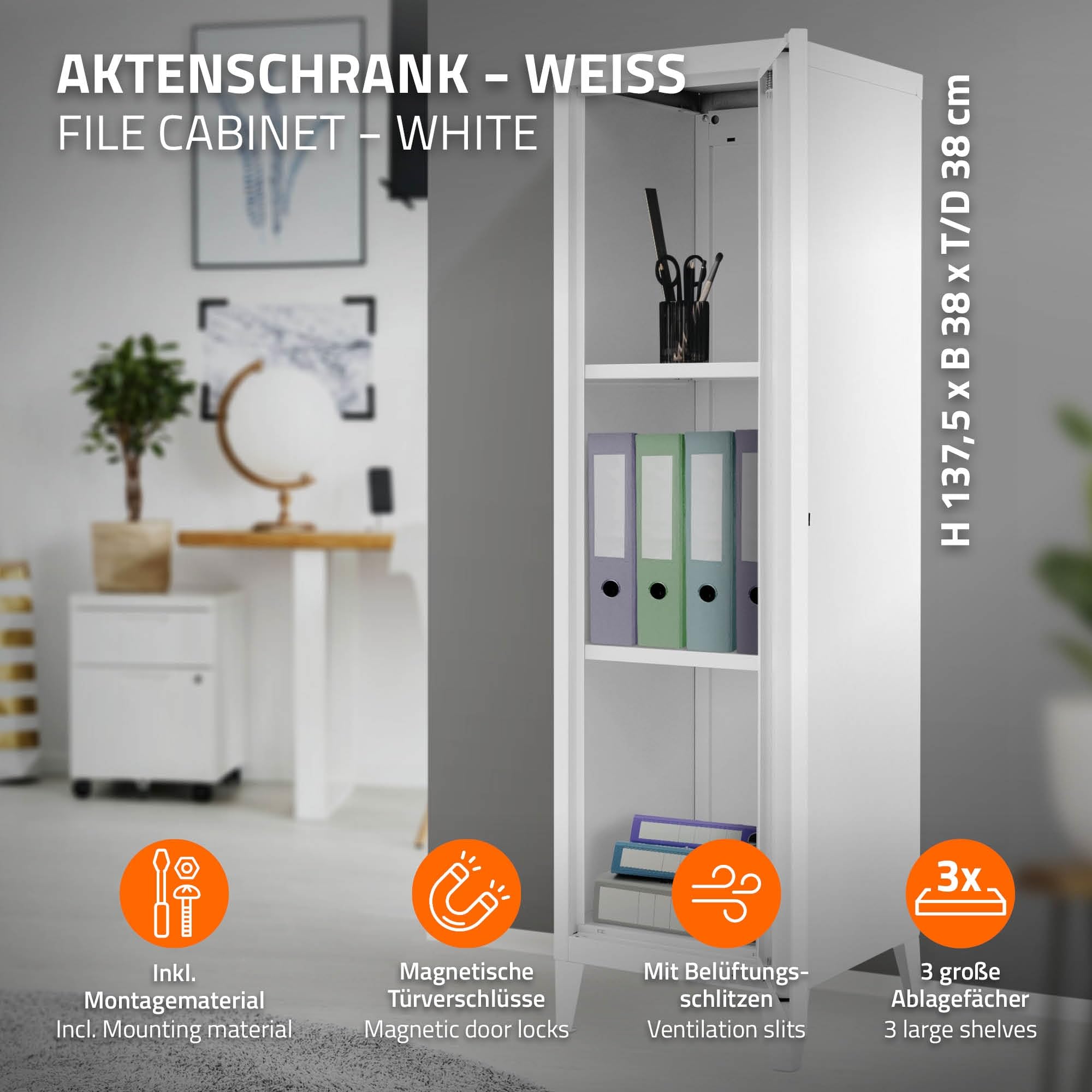 ML-Design Schedario Alto 38x38x137,5 cm Bianco Acciaio Mobile da Ufficio a 4 Gambe Armadio per Archiviazione in Metallo a un'Anta, 3 Scomparti Interni Comodino Mobiletto Portadocumenti Armadietto