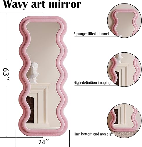 Miniatura 5 de BOJOY Espejo de longitud completa de 63 x 24 pulgadas, espejo ondulado irregular, espejo de suelo arqueado, espejo de pared para colgar o apoyado