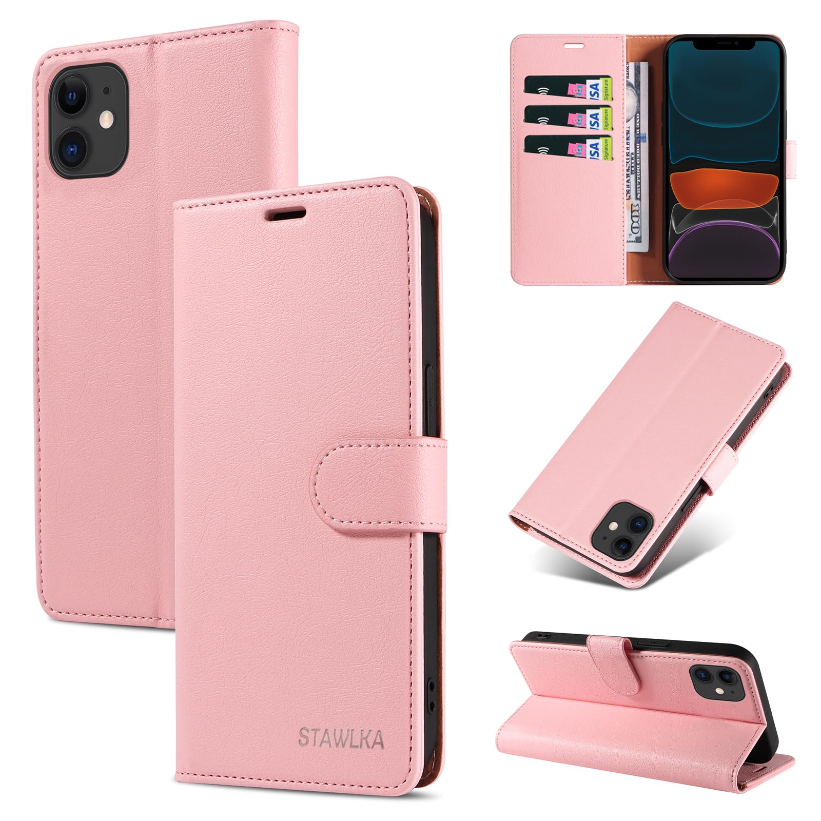 STAWLKA Premium PU Leather Flip Magnetic Buckle Wallet Case Kickstand Blocking RFID Shockproof Protective Phone Cover For IPhone 12/12 Pro - Brown - View #14