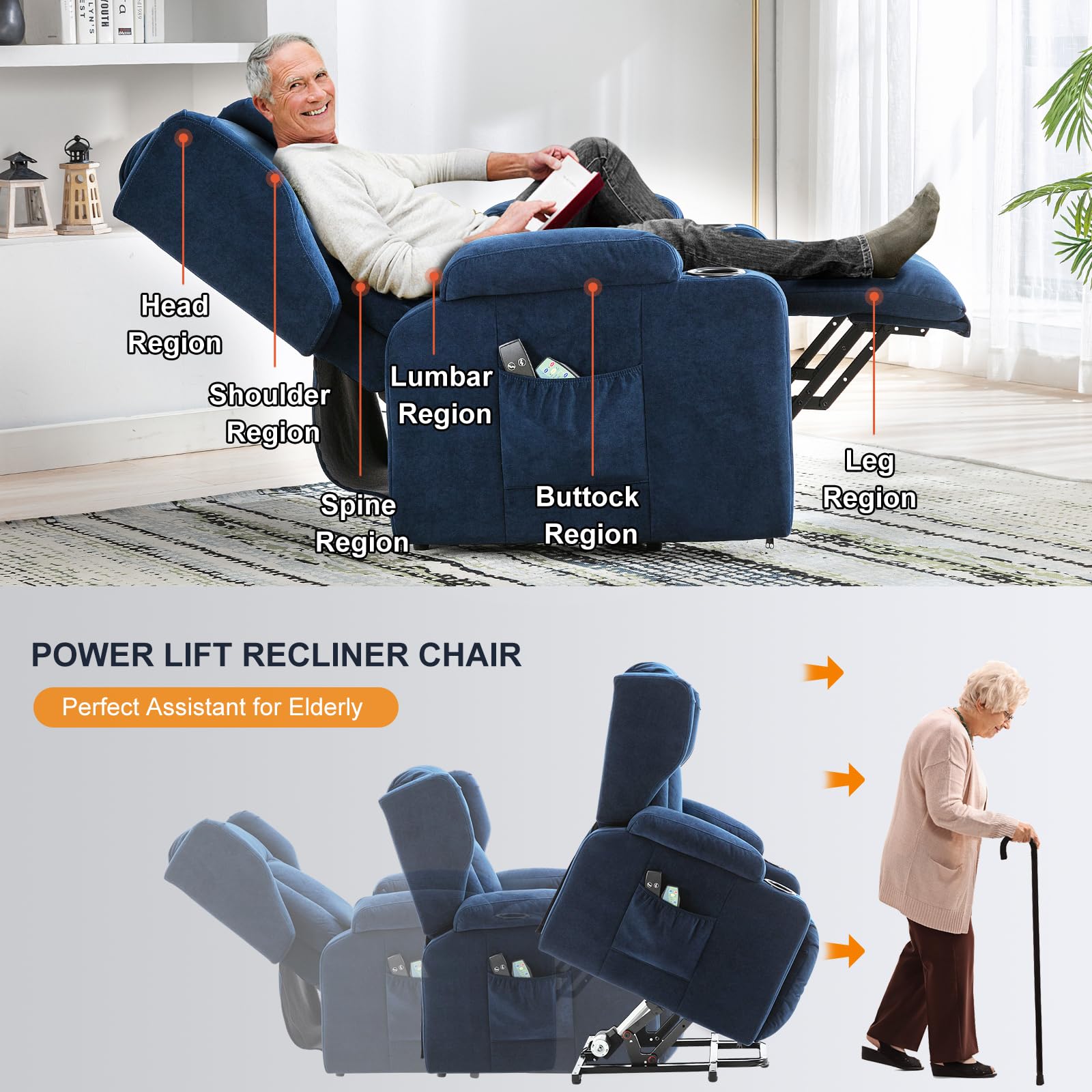 COMHOMA Sillón Relax Masaje Reclinable Electrico de Tela con 8 Puntos de Masaje Vibrante Función, Lumbar Poltrona Reclinável Levantapersonas Azul