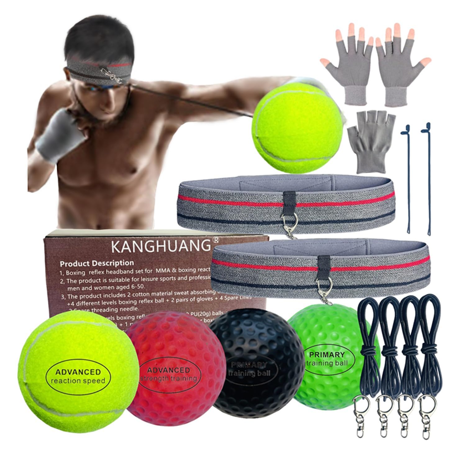 KANGHUANG Boxing Reflex Balls Headband Set for MMA Boxing Reaction Training 4 Different Levels Balls+2 Sweat Absorbing Headbands+4 Spare Lines+2 Gloves for All People