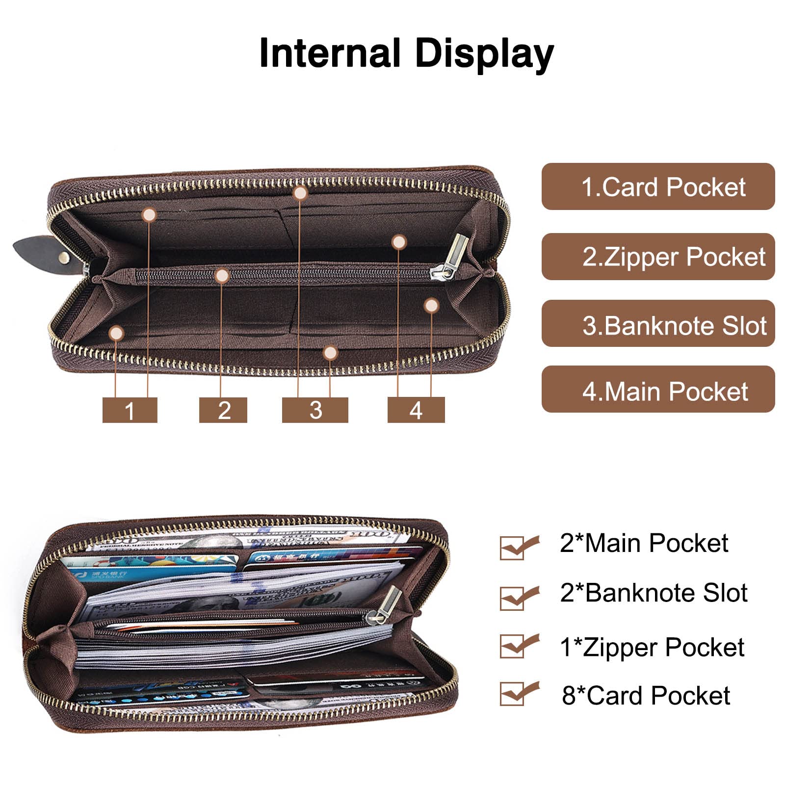 FANDARE Portafoglio Porta Carte di Credito RFID Blocking Portamonete Uomo Retrò pochette Portafogli Pelle Portafoglio con 8 Porta Carte di Credito, 2 Scomparti Banconote Portamonete Porta Tessere