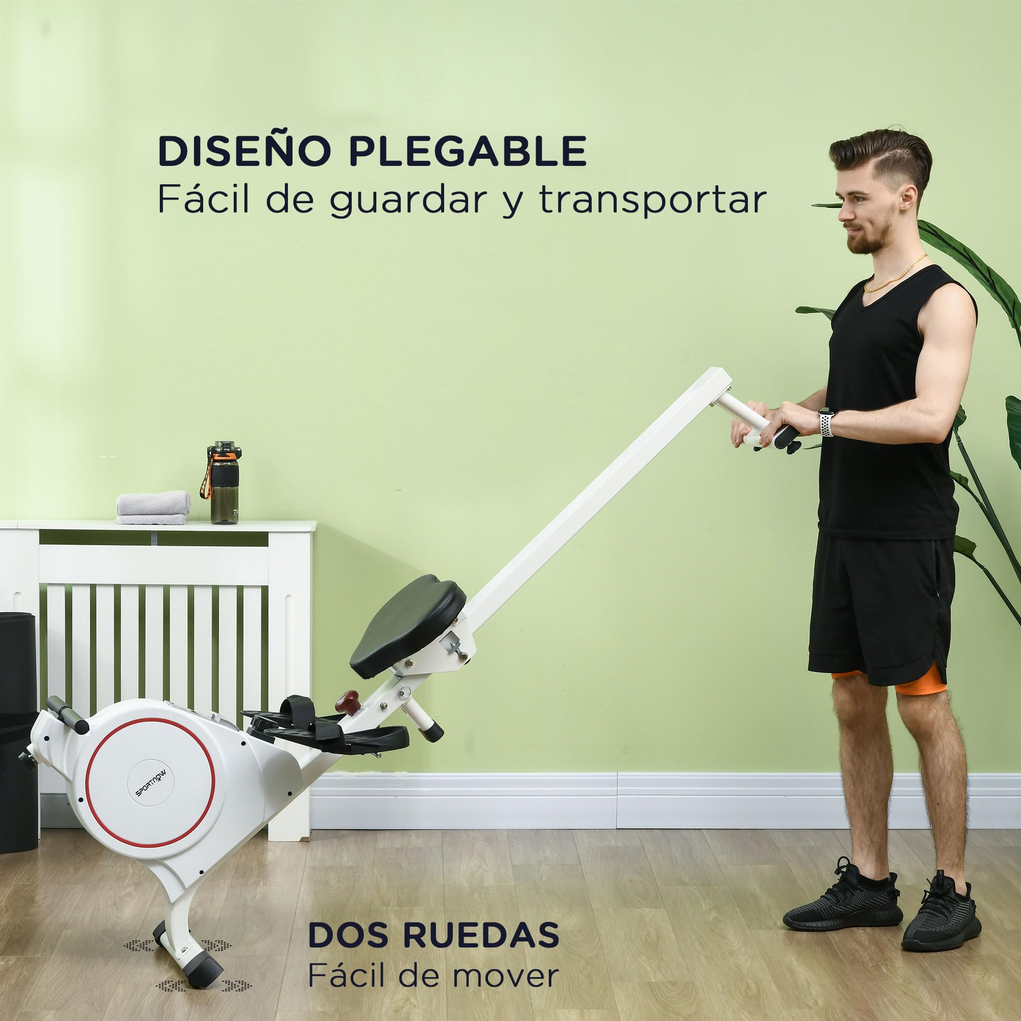 SPORTNOW Máquina de Remo Magnético Plegable Remo para Casa con Pantalla LCD Resistencia de 8 Niveles y 2 Ruedas Carga 130 kg para Gimnasio Acero 180x48x60 cm Blanco