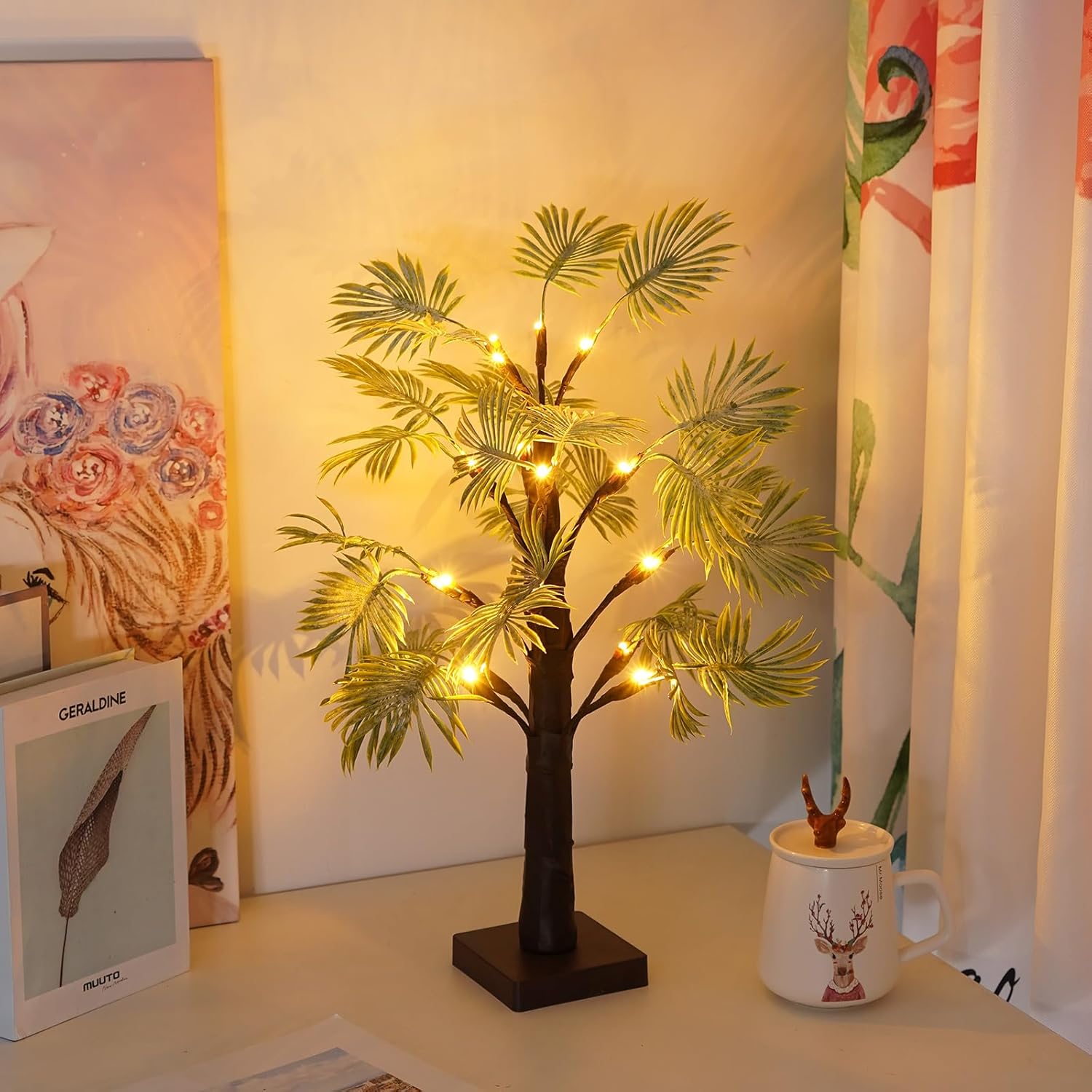 2ft Lighted Palm Tree Lamp with Timer - Tropical Christmas Decorations Indoor, Warm White Fairy Light Spirit Tree for Bedroom, Holiday, Party | USB/Battery Powered