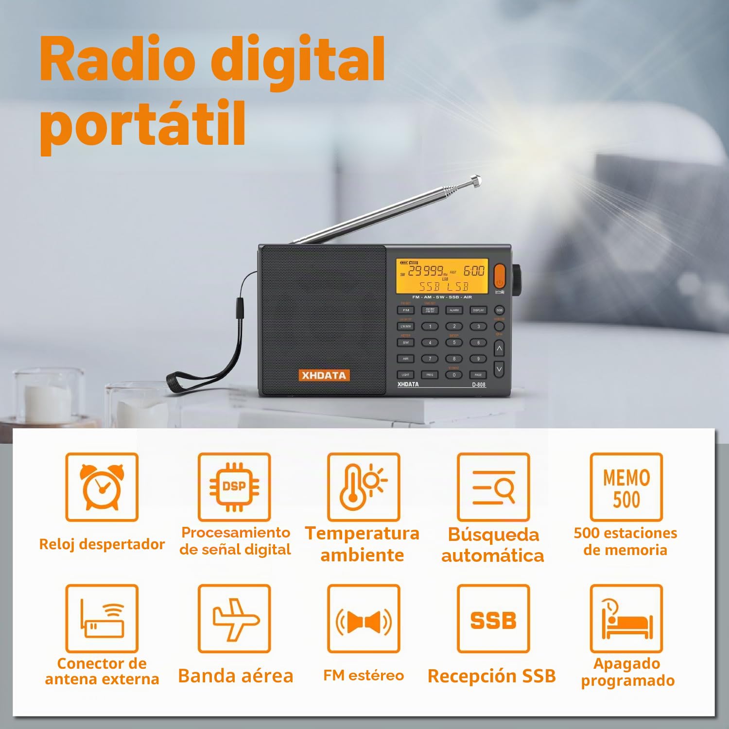 XHDATA D-808 Radio Digital Portátil FM estéreo/SW/MW/LW SSB RDS Banda Aérea Altavoz de Radio con Pantalla LCD Reloj de Alarma Antena Externa y Batería Recargable(Gris)