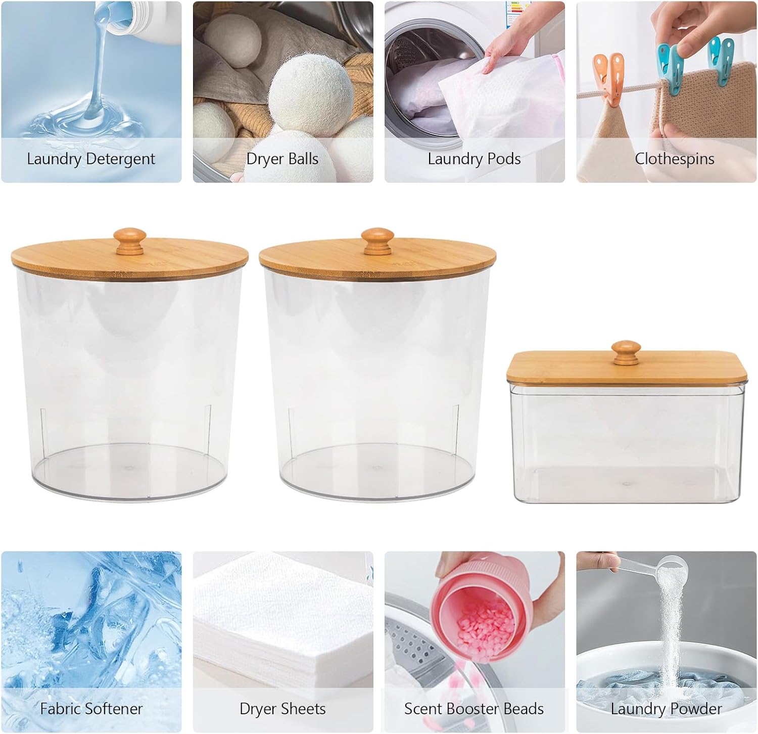 3 Pack Acrylic Laundry Room Organization Containers with Wood Knobs, Laundry Pods & Detergent Powder Storage Containers with Natural Bamboo Lids