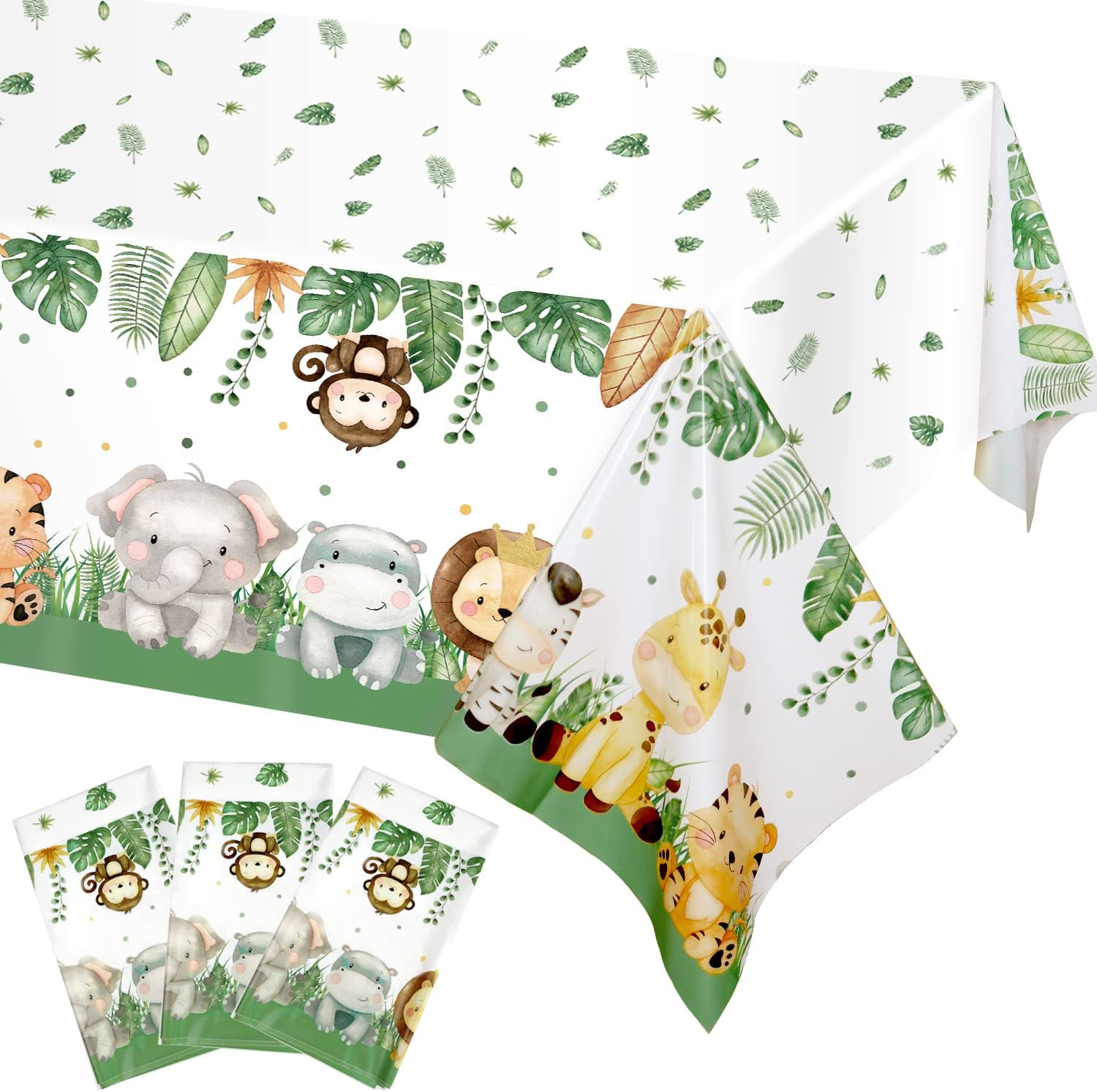 3Pieces Jungle Safari Tablecloths Animal Print Table Cover, Wild One Baby Shower Decorations Zoo Birthday Party Supplies for Boys Kids Plastic Table Cloth 108×54 Inch