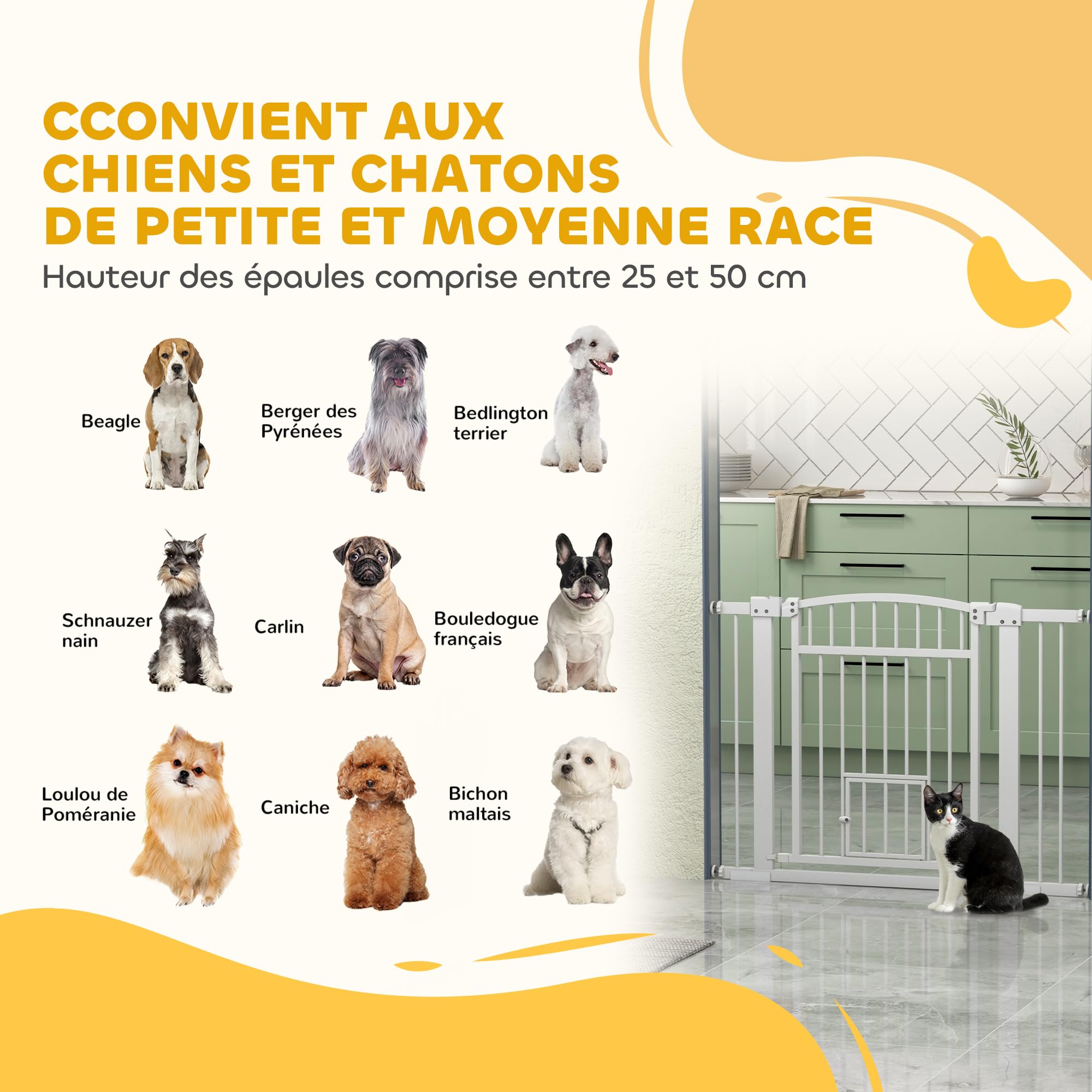 PawHut - Barrera de seguridad para perro extensible 76-104 x 77 cm, barrera de escalera y puertas con sistema de doble bloqueo, montaje por presión o perforación, barrera de perro y gato, color blanco