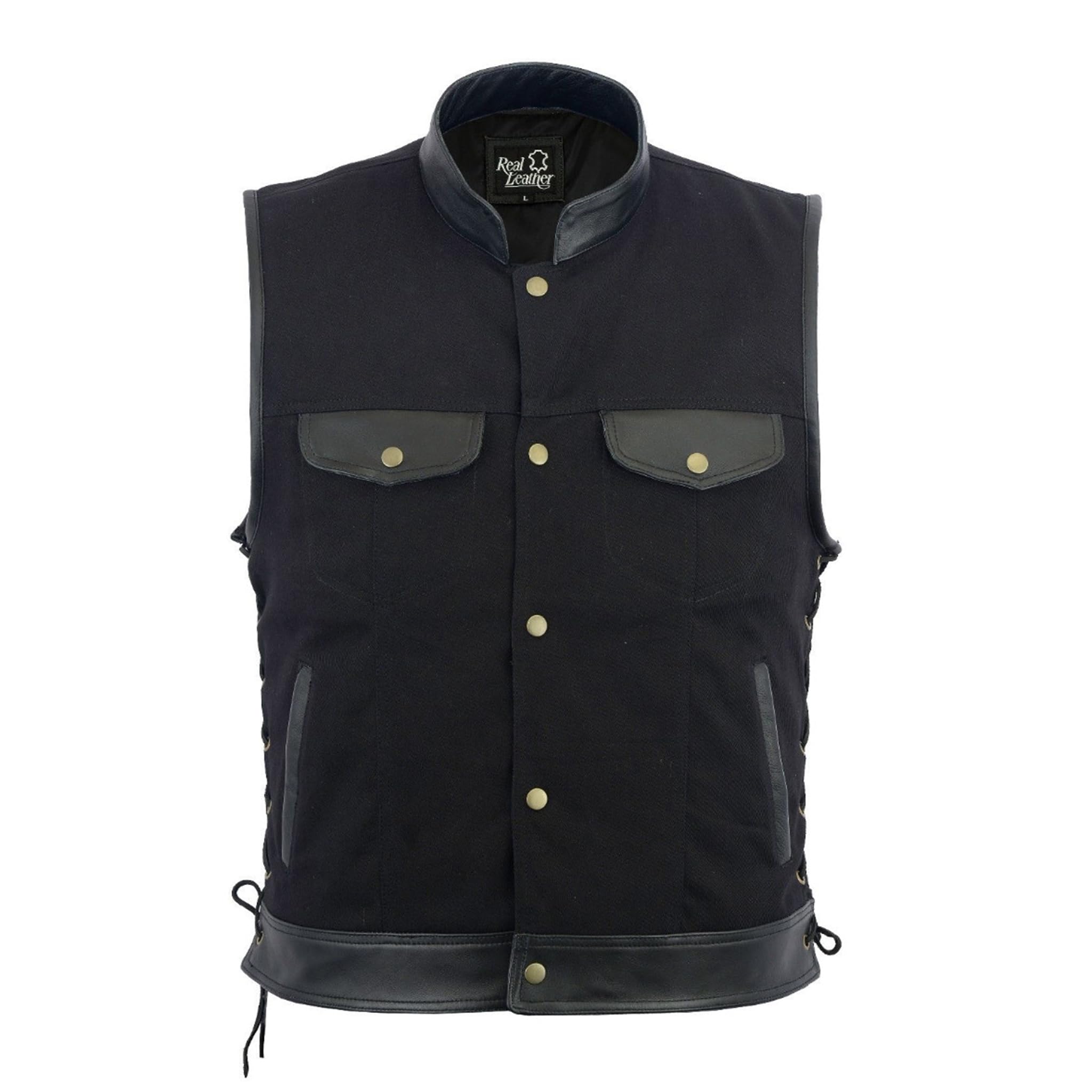 Leatherick Chaleco de hombre con ribete de cuero y denim estilo motero
