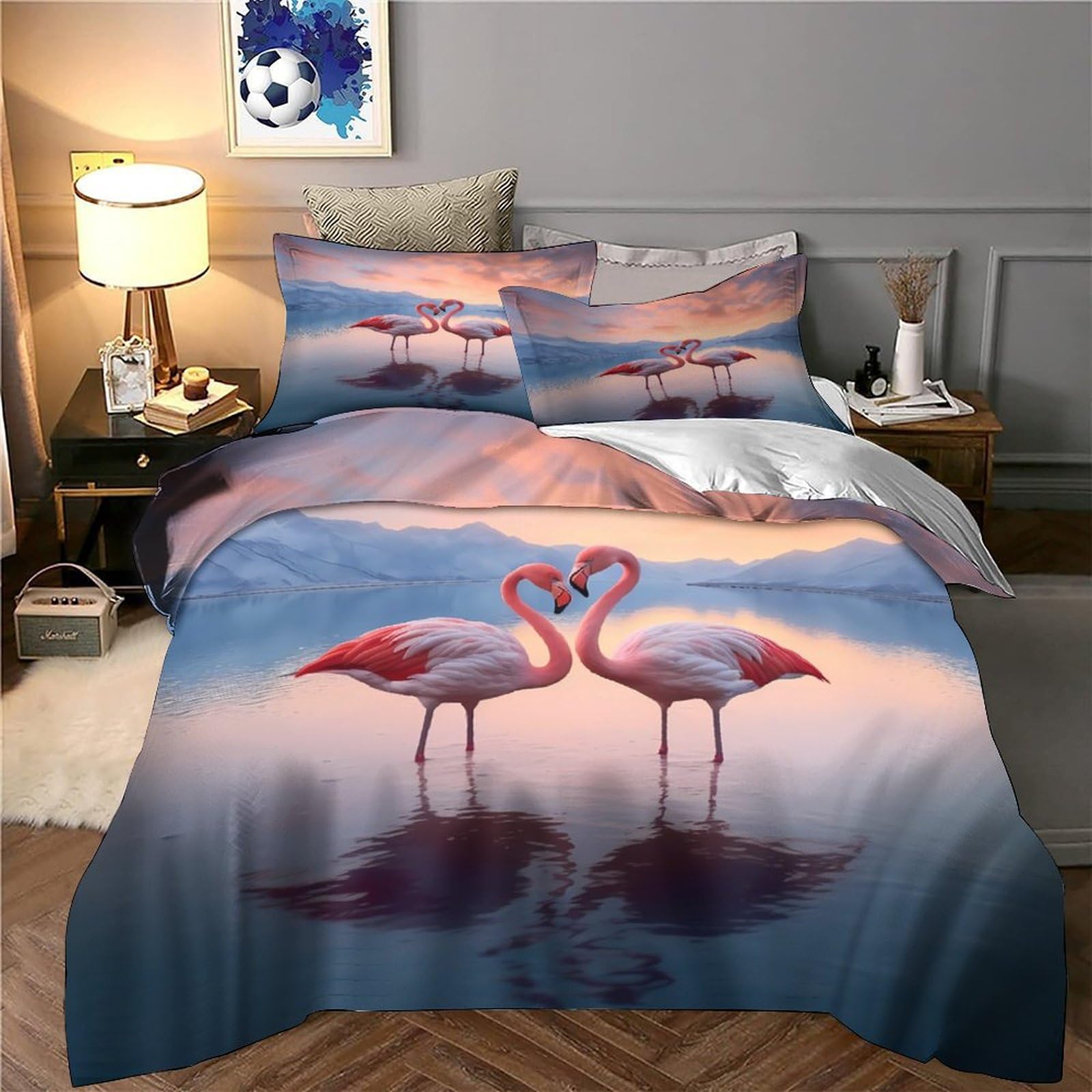 Flamingo-Pärchen 3D-Druck 3er-Set Bettbezug Romantische Naturszene Bettdeckenbezug Mikrofaser Atmungsaktiv Reißverschluss für Jungen Männer Frauen King（220x240cm）