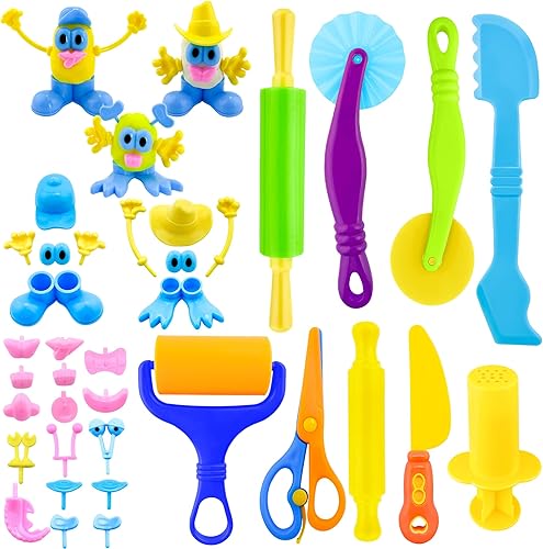 Herramientas de juego de masa para niños, 35 piezas de herramientas de arcilla accesorios de juego con cortadores, rodillos, rodillos, tijeras de