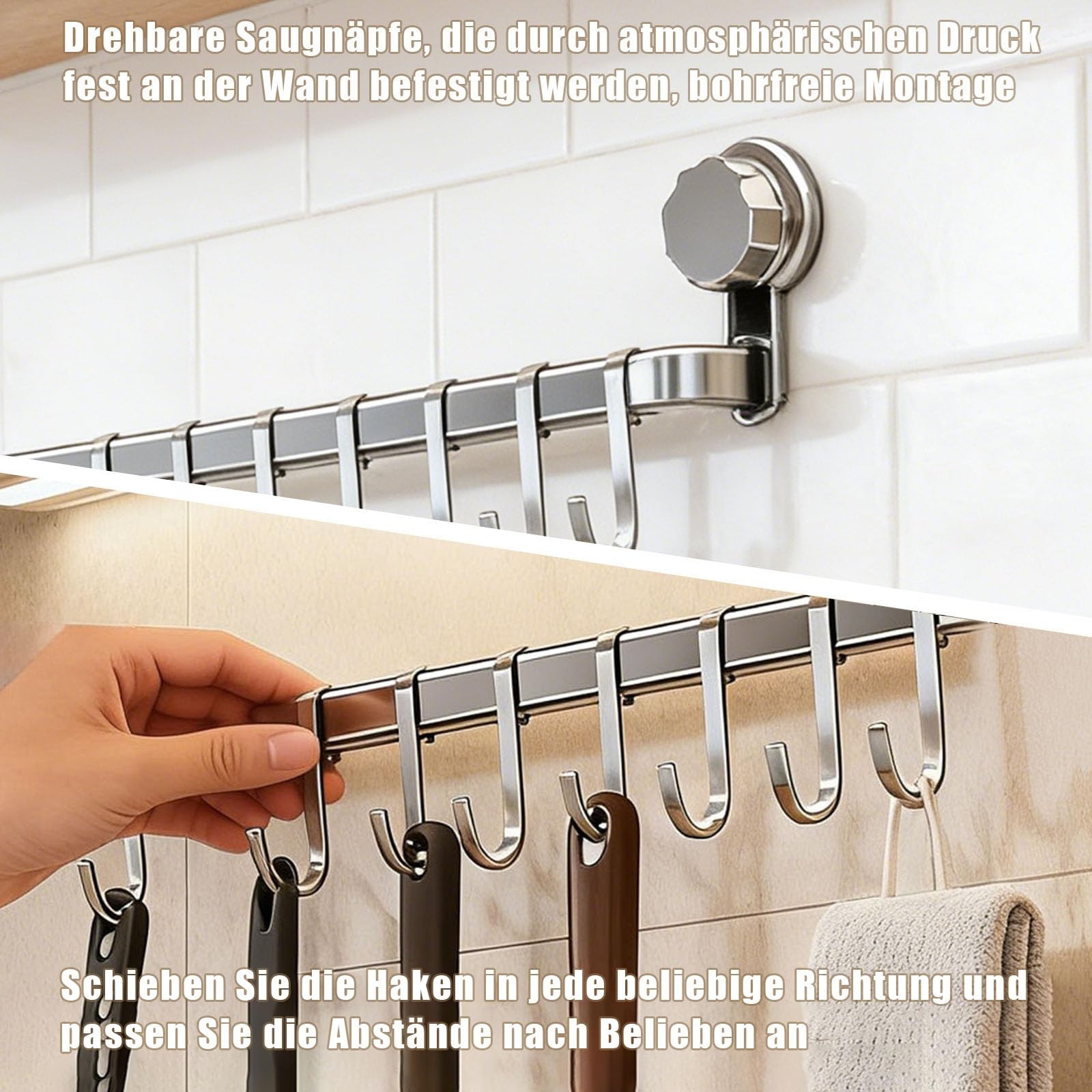 Küchenstange,Hakenleiste Küche ohne Bohren mit 8 Haken,Küchenutensilienhalter Saugnapf Montage,45 cm lang,Halter für Küchenutensilien,Selbstklebend Abnehmbarer Haken für Küche, Bad, Zimmer (Grau)