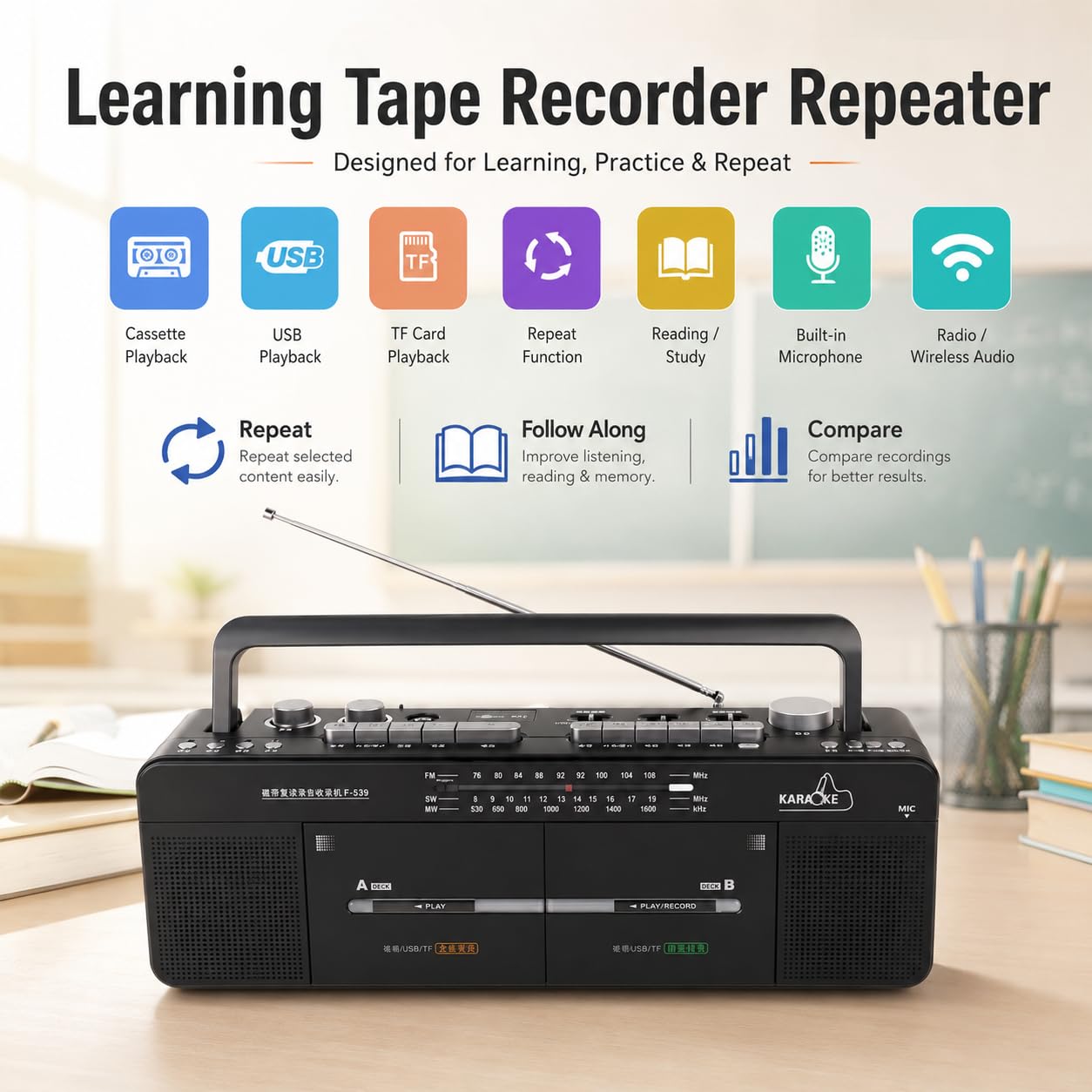 Registratore a doppia cassetta | Radio FM/SW/MW e lettore MP3 | Riproduzione di schede USB/TF con registrazione one-touch