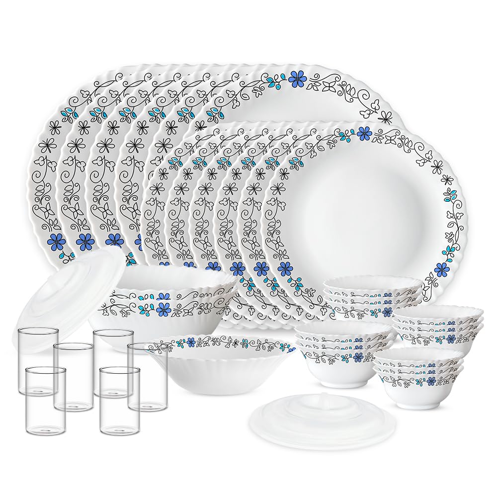 Larah by Borosil Silk Series Blue Iris Opalware Dinner Set with Vision Glass | 35pcs for Family of 6 | Microwave & Dishwasher Safe | Bone-Ash Free | Crockery for Dining & Gifting | White, Plate & Bowl Larah by Borosil Silk Series Blue Iris Opalware Dinner Set with Vision Glass | 35pcs for Family of 6 | Microwave & Dishwasher Safe | Bone-Ash Free | Crockery for Dining & Gifting | White, Plate & Bowl