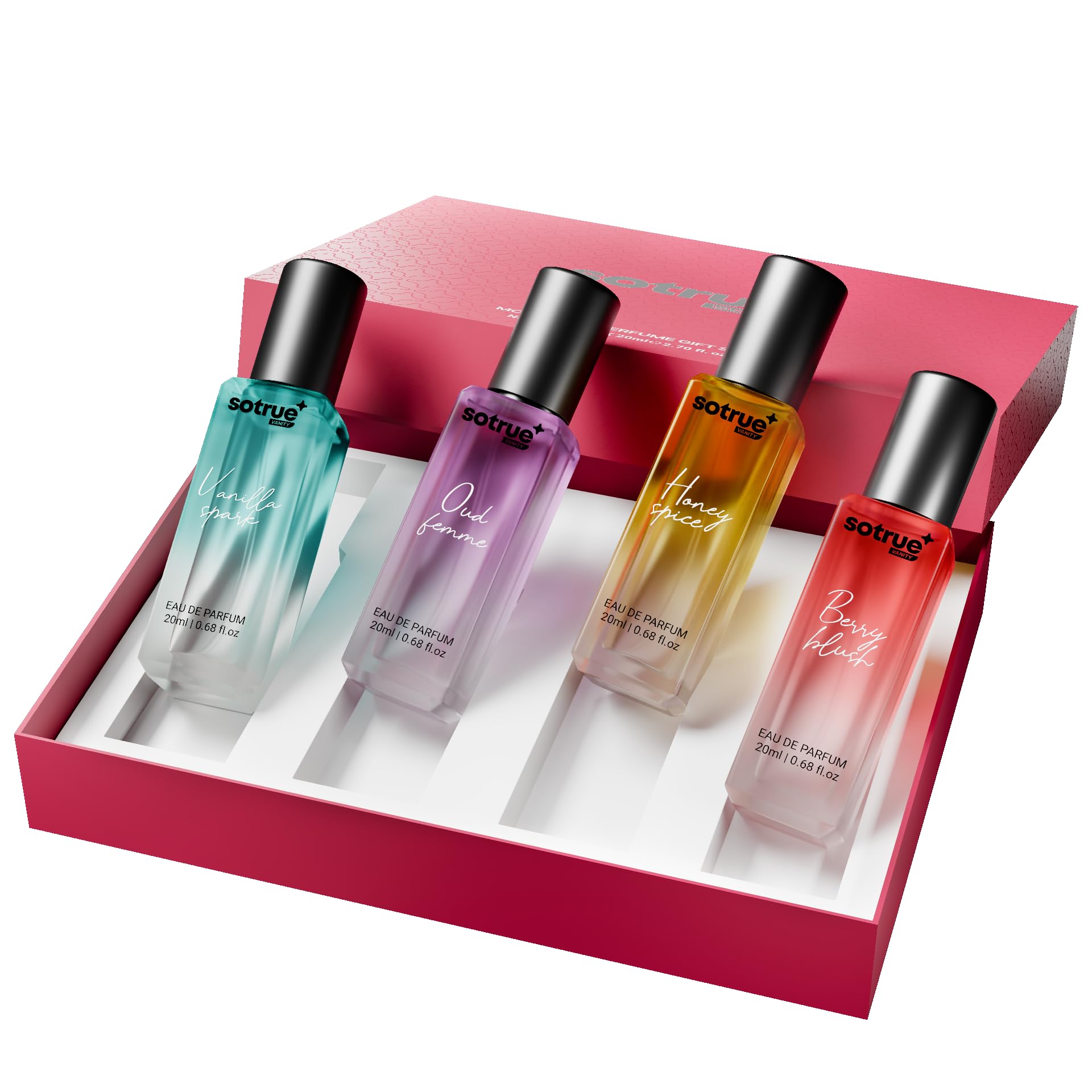 Sotrue Mood Box Perfume Gift Set for Women | 4x20 ml | Eau De Parfum | Premium Luxury Long Lasting Fragrance Spray | Berry Blush, Honey Spice, Oud Femme & Vanilla Spark